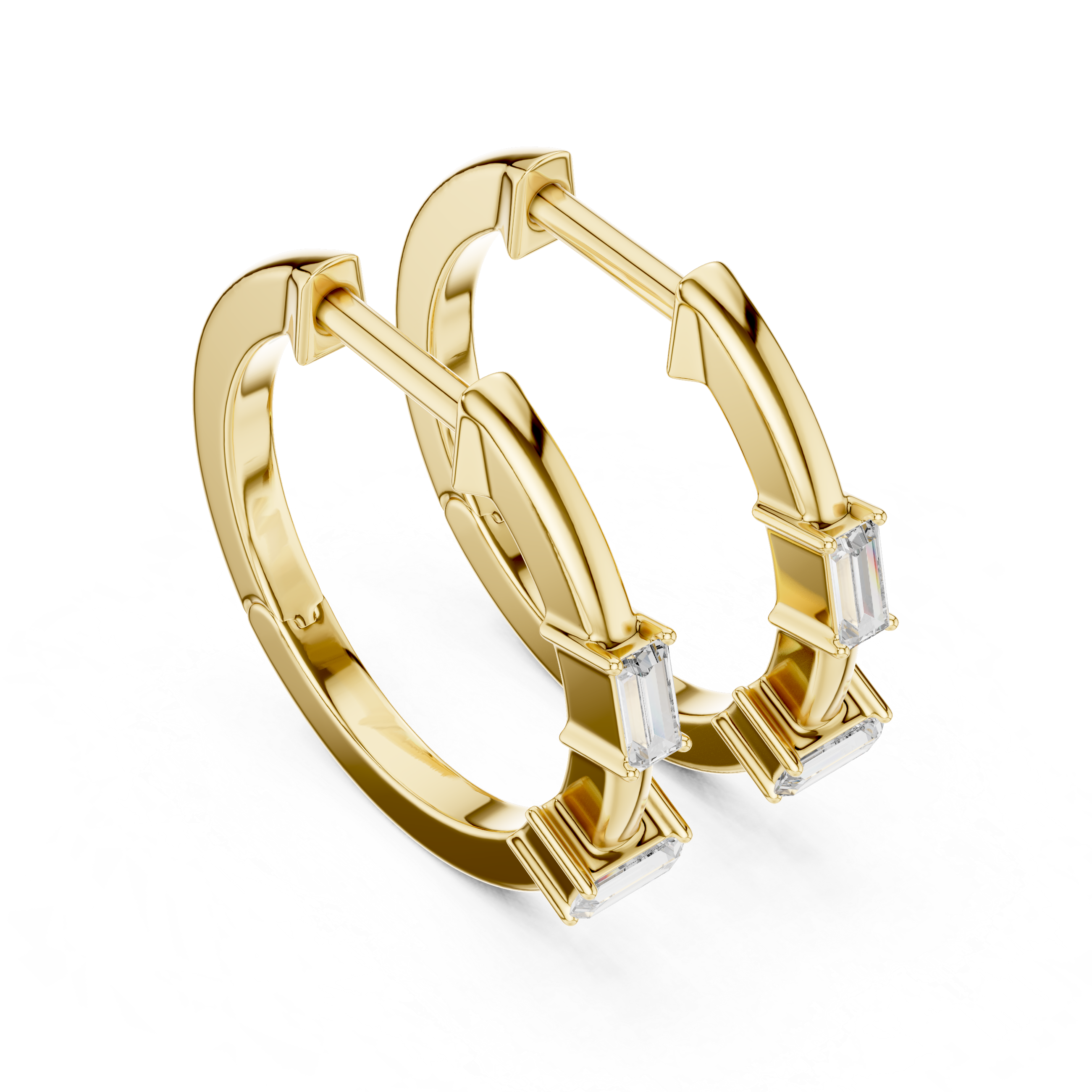 Gold hoop earrings with diamond accents on a white background
