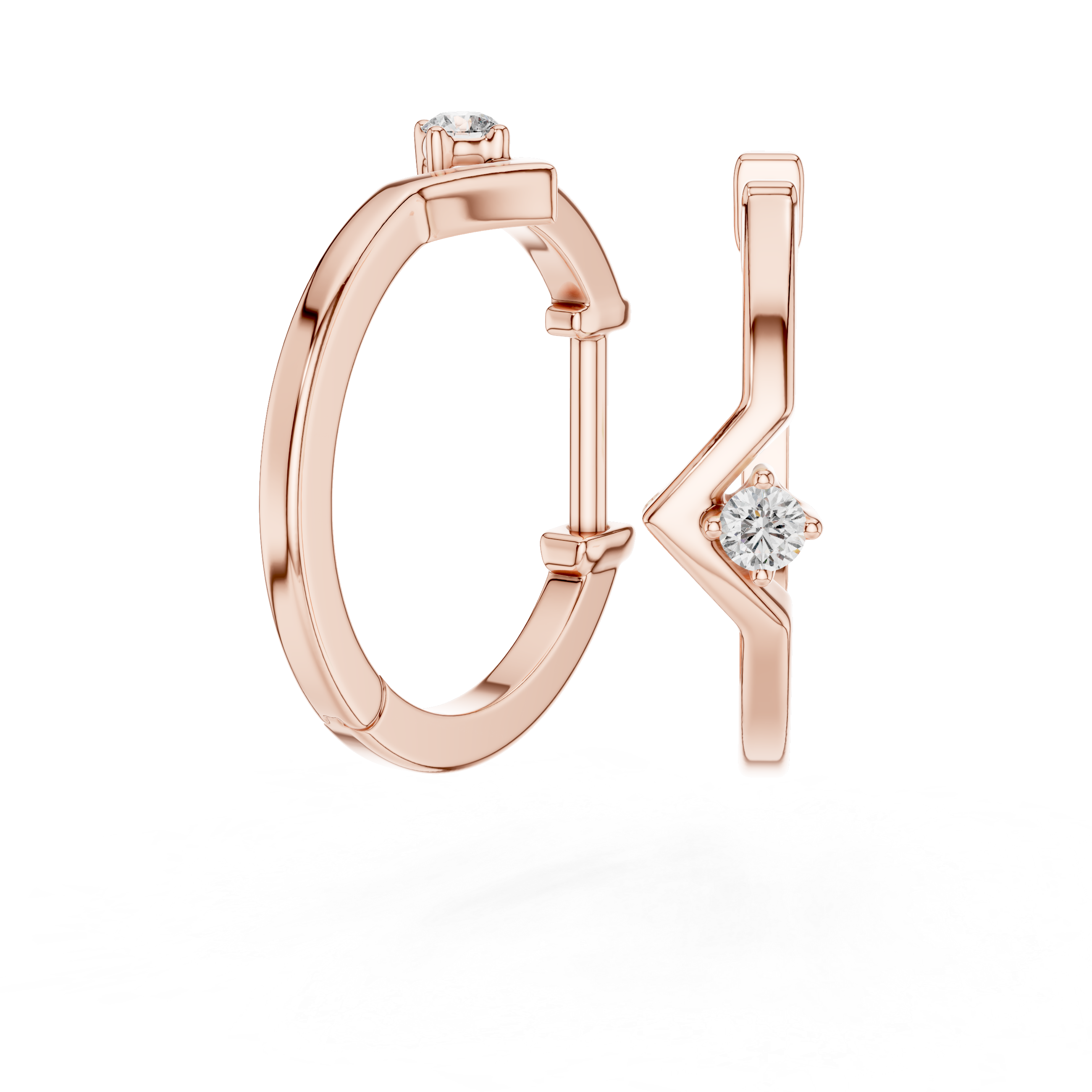 Rose gold hoop earrings with diamond accents on a white background