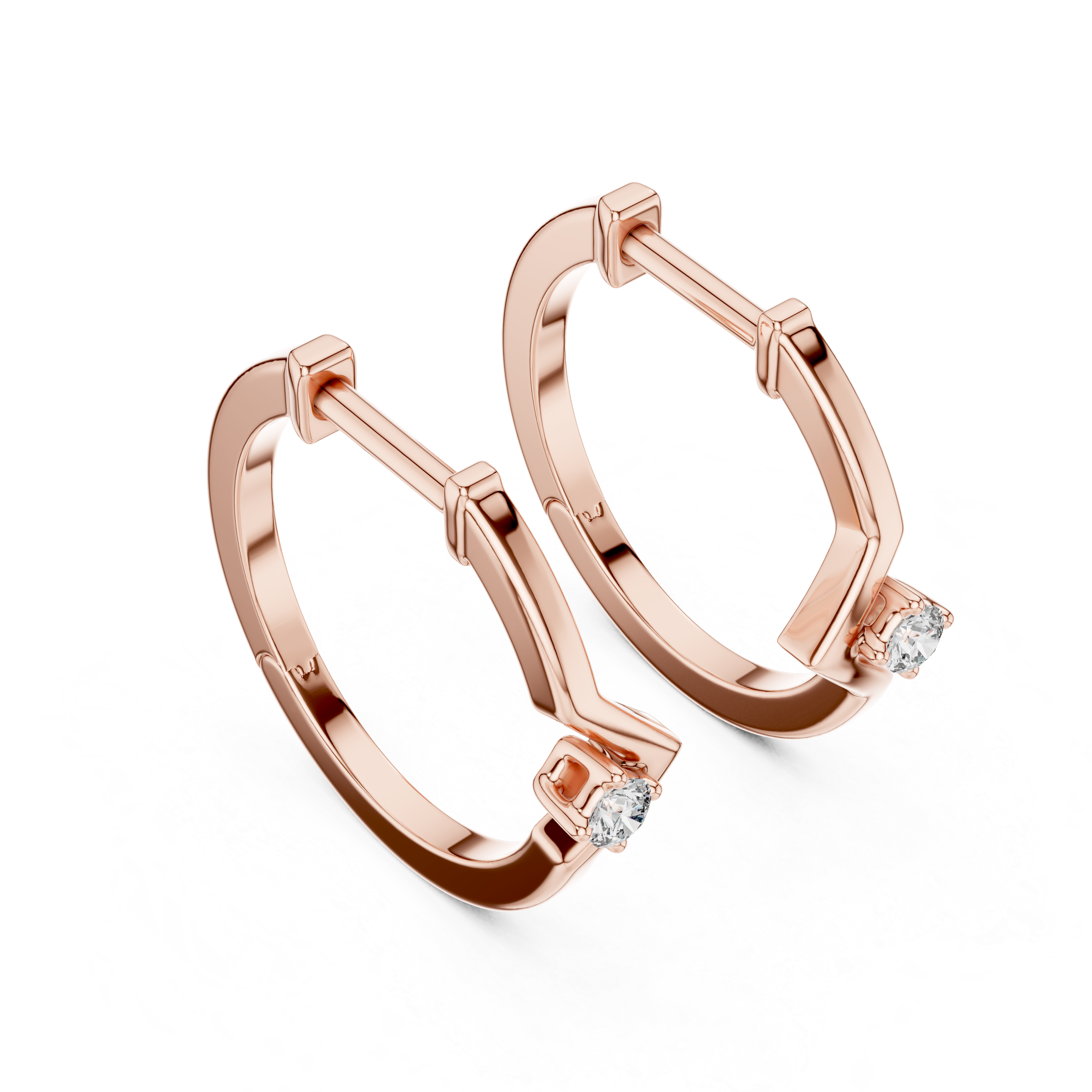 Rose gold hoop earrings with small diamonds on a white background