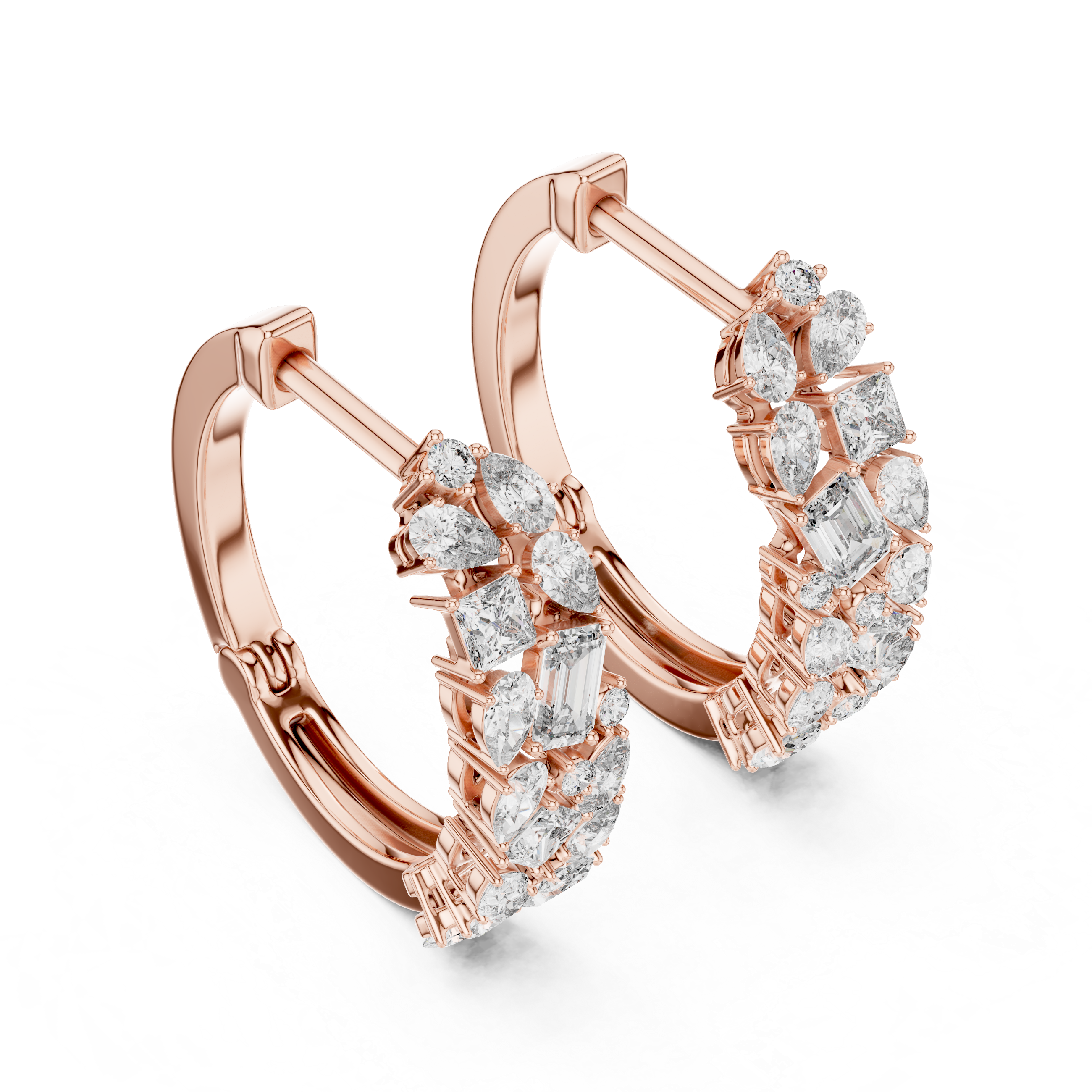 Rose gold hoop earrings with diamond accents on a white background