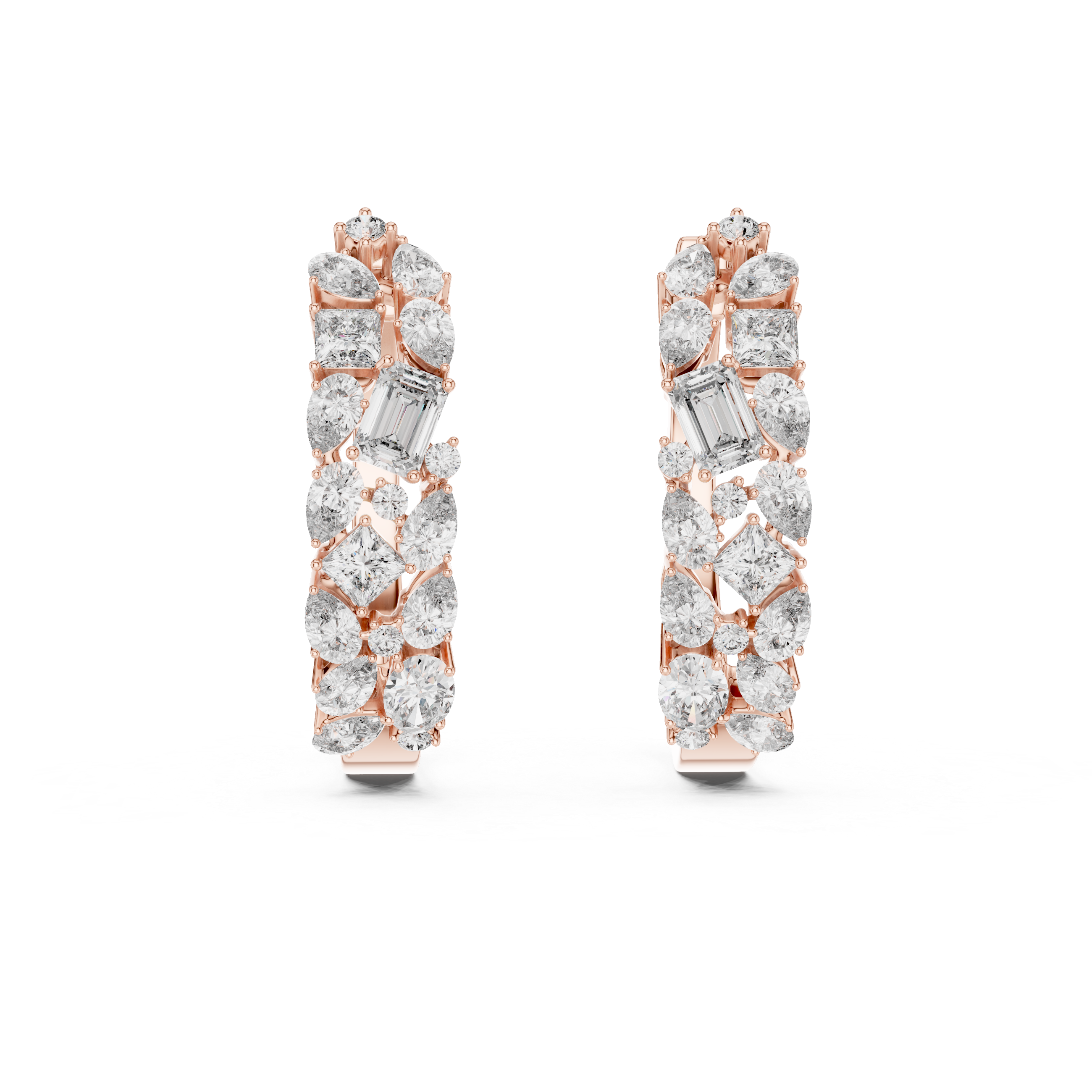 Rose gold and diamond hoop earrings on a white background