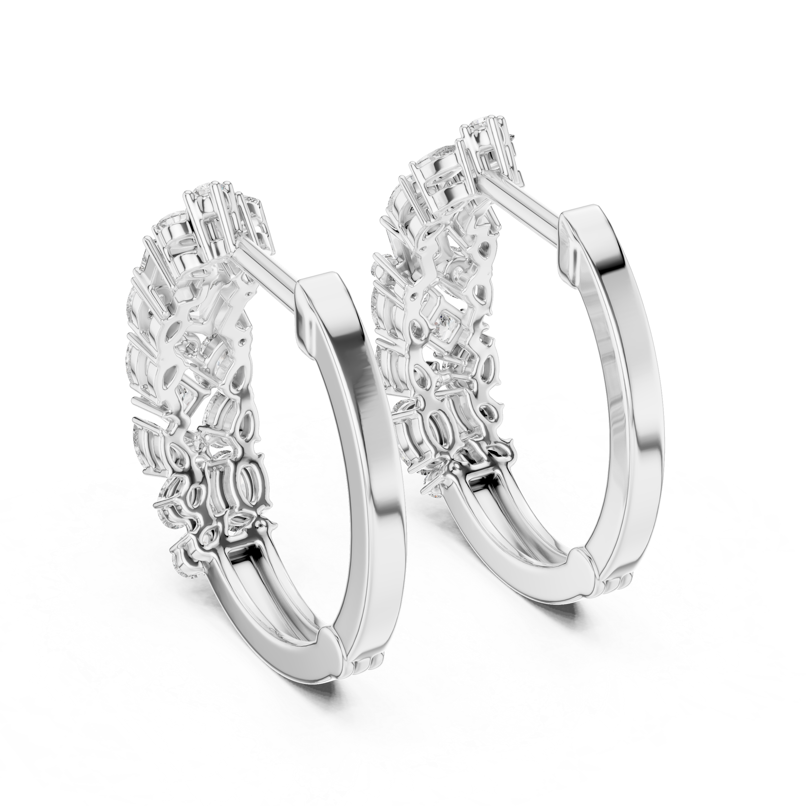 Pair of silver hoop earrings with diamond accents on a white background