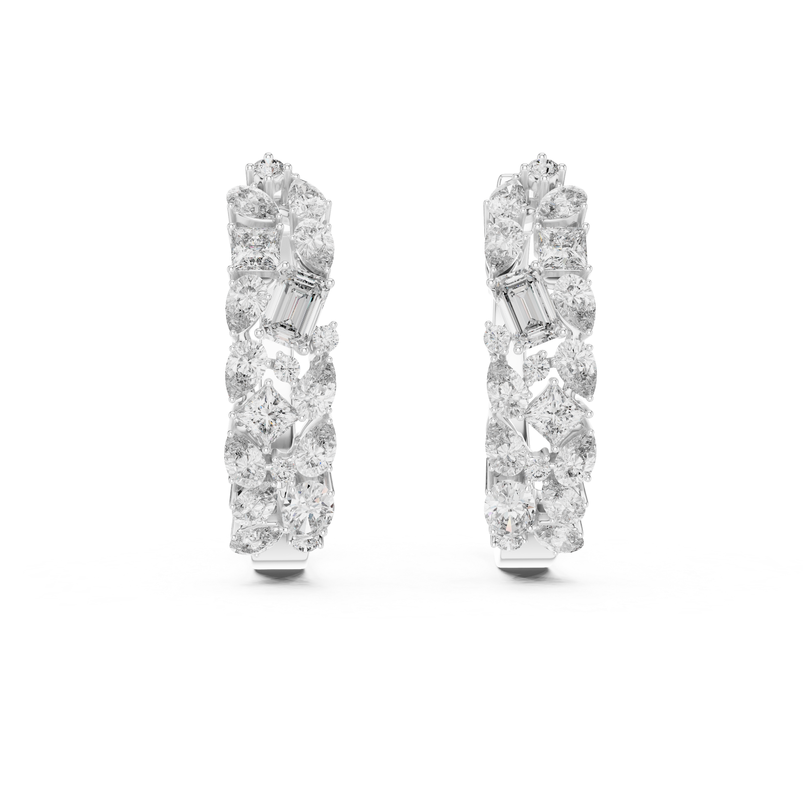 Pair of diamond hoop earrings on a white background