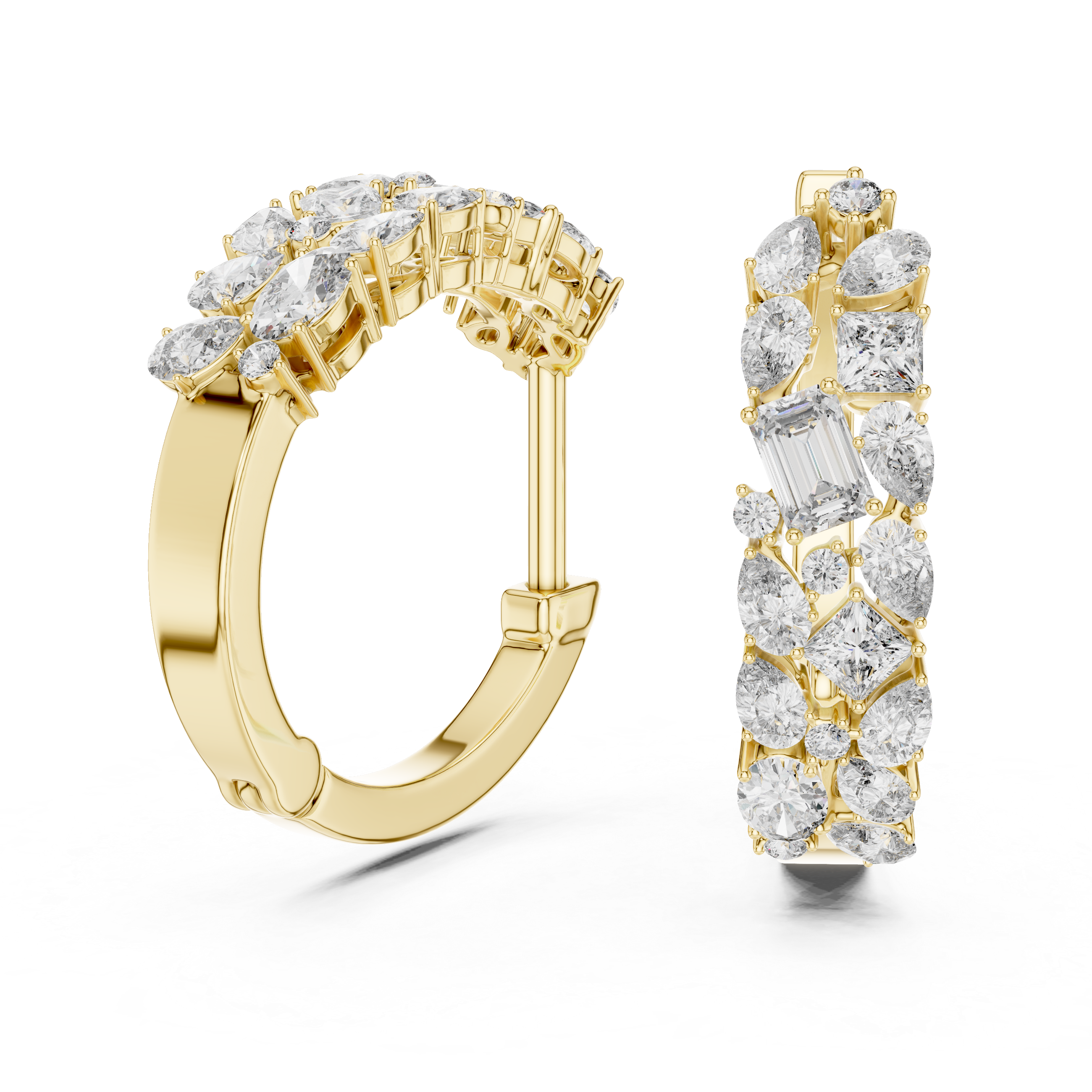 Gold hoop earrings with diamond accents on a white background