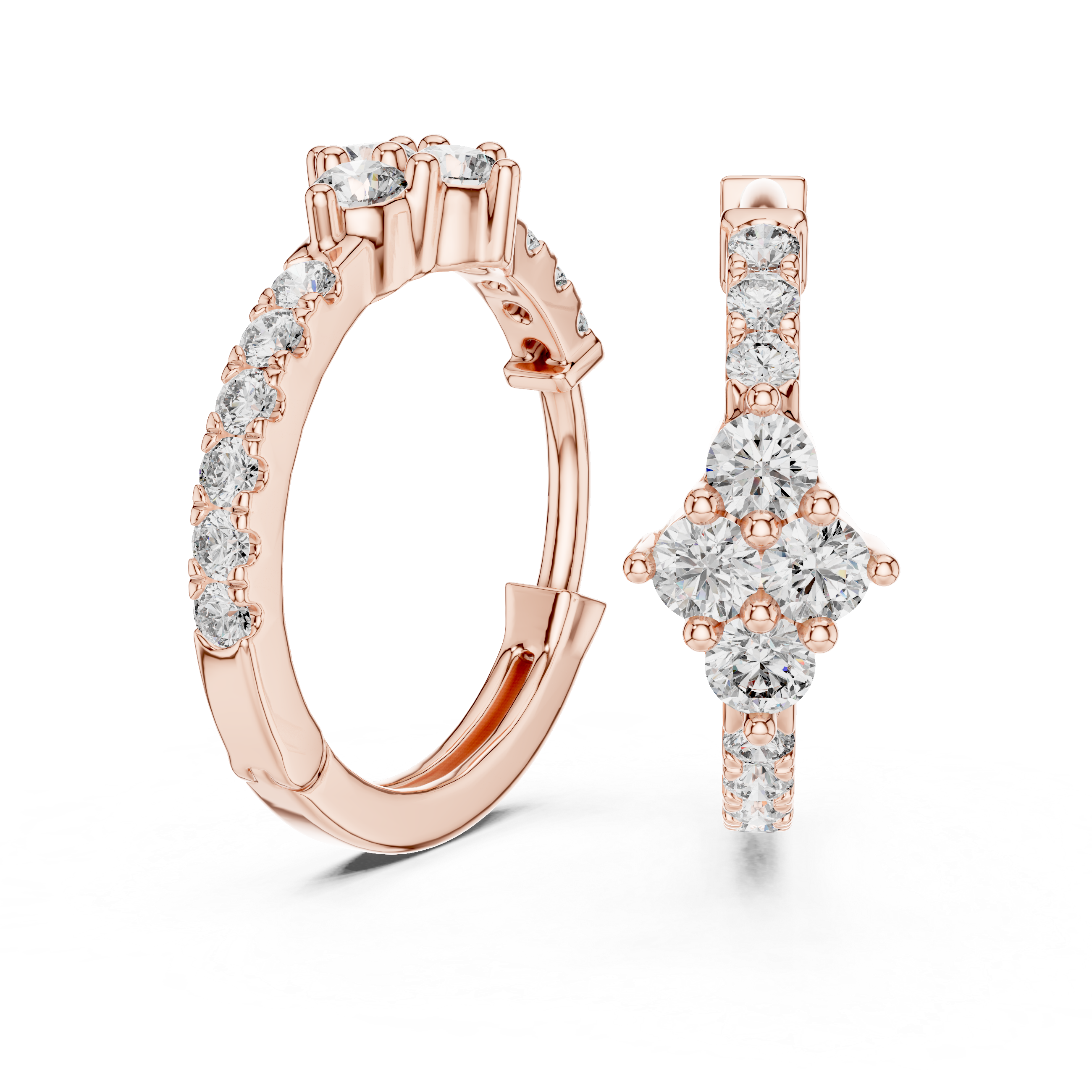 Rose gold ring and earrings with clear gemstones on a white background