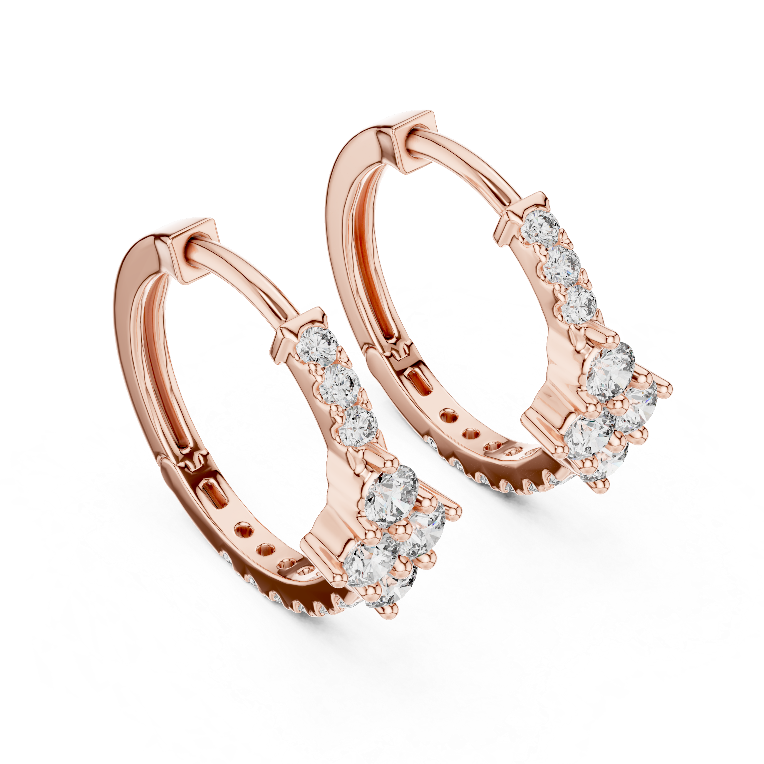Rose gold hoop earrings with diamond accents on a white background