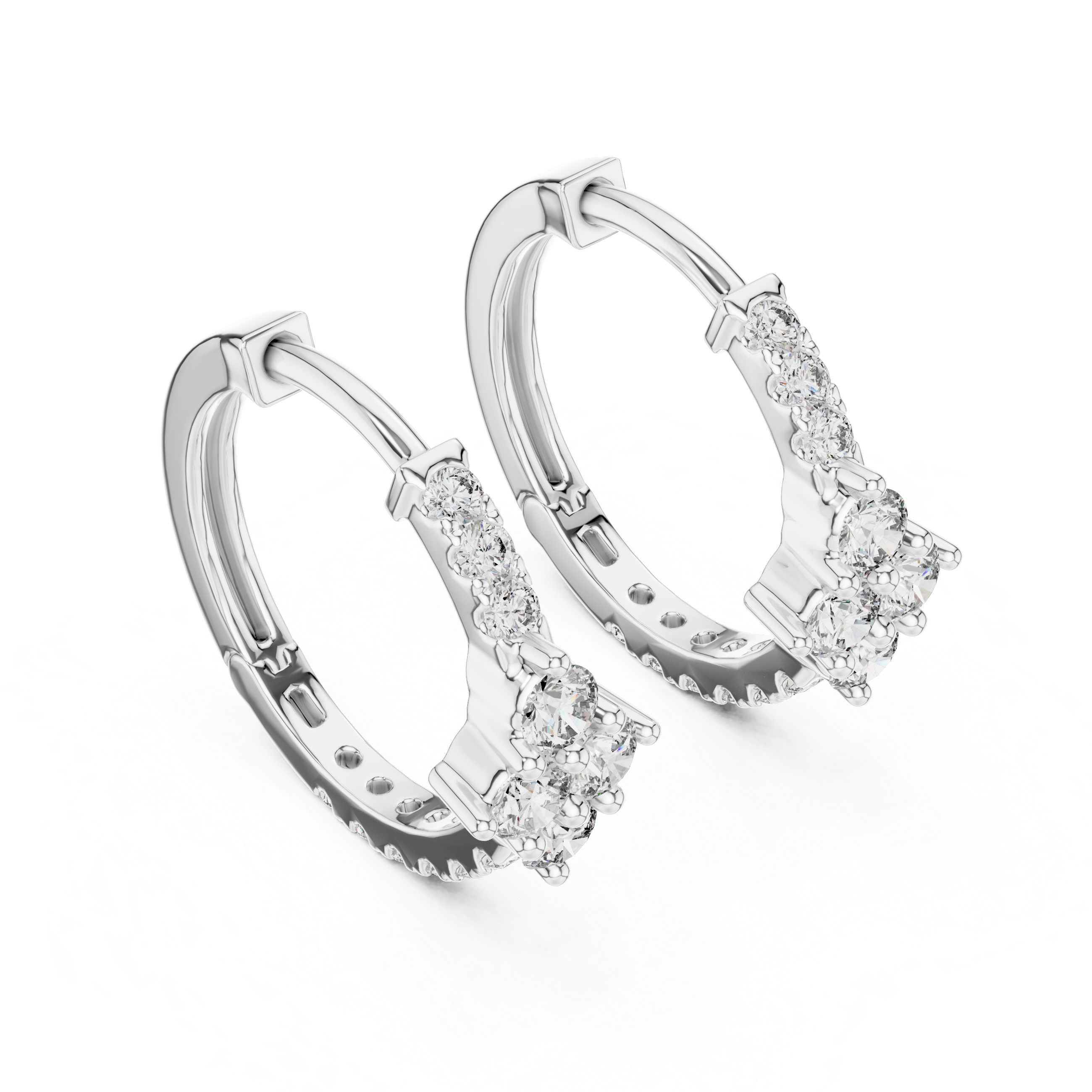 Pair of silver hoop earrings with small diamonds on a white background