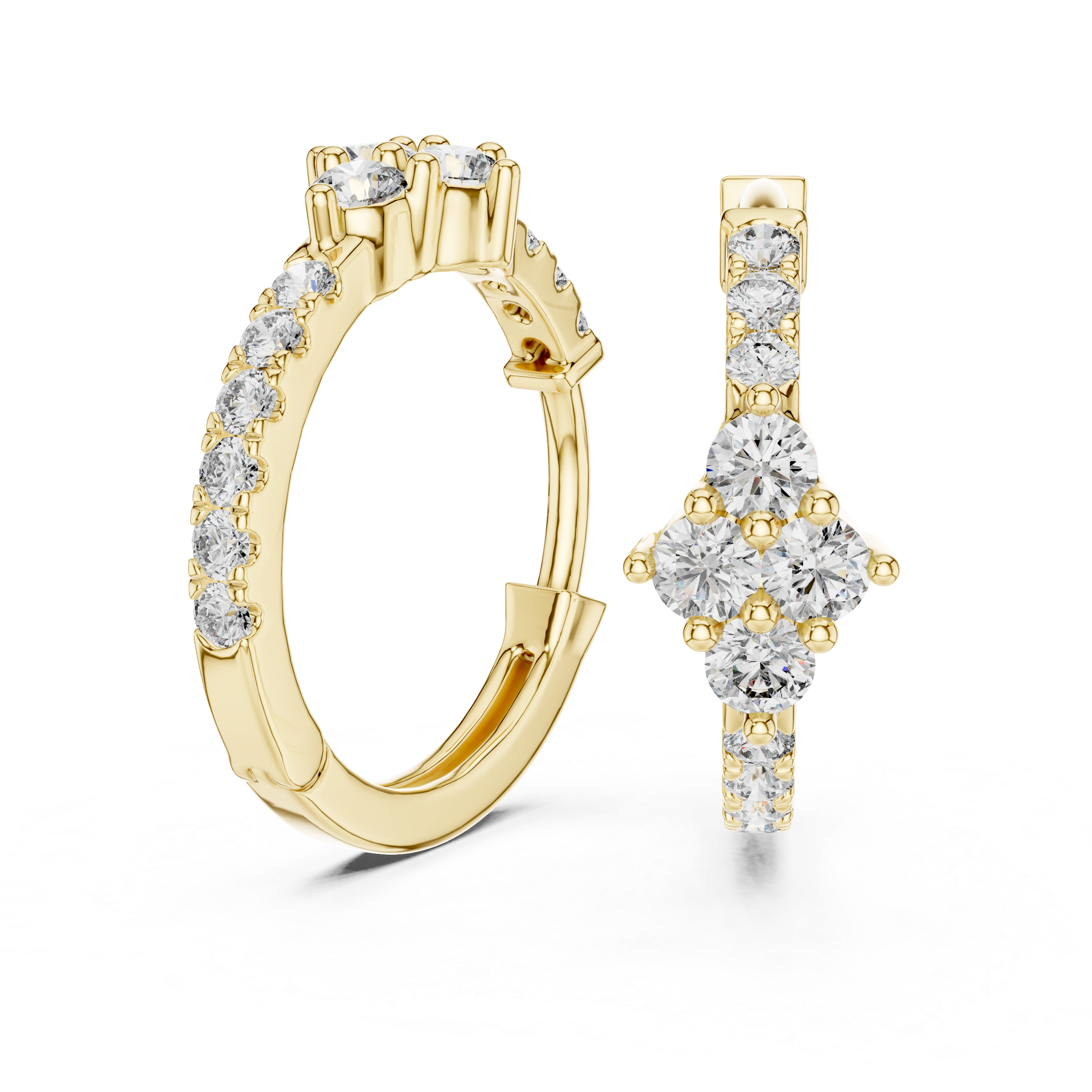 Gold hoop earring with diamond accents on a white background