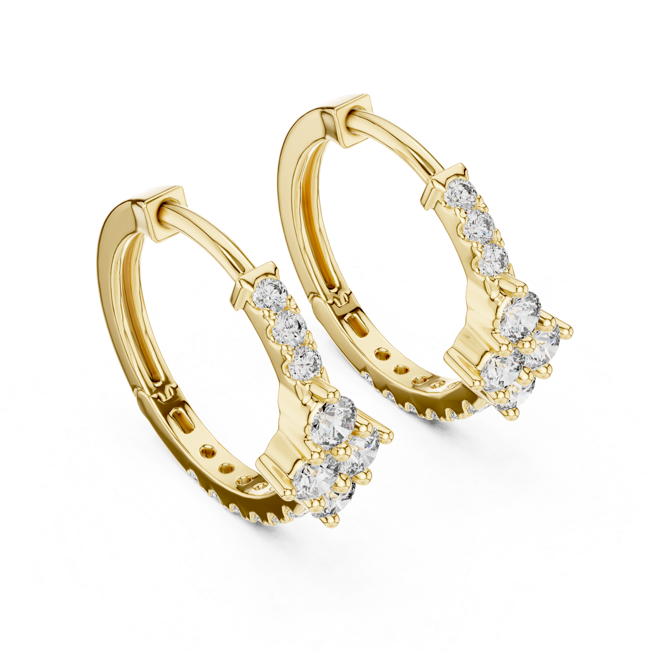Gold hoop earrings with diamond accents on a white background