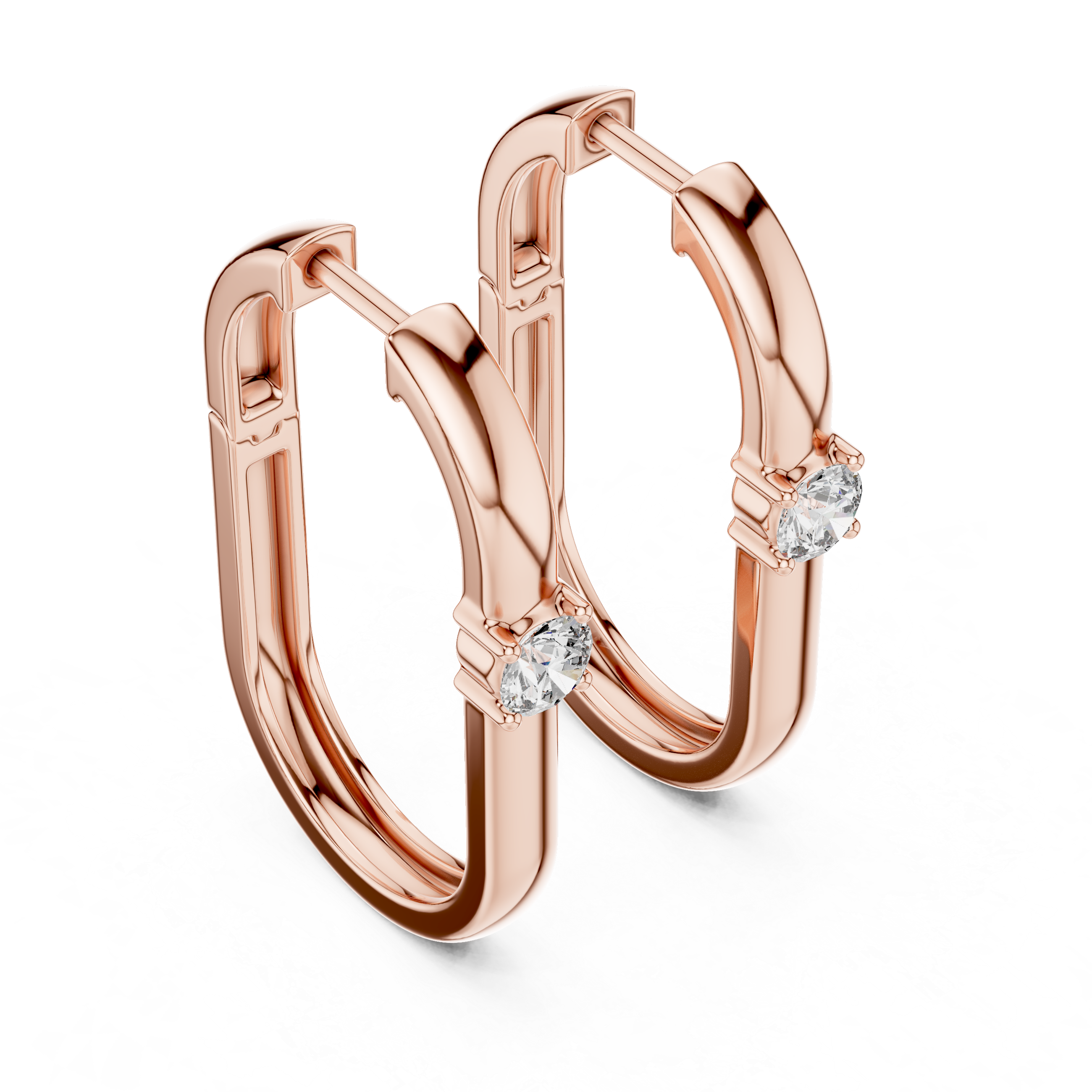 Rose gold hoop earrings with diamond accents on a white background