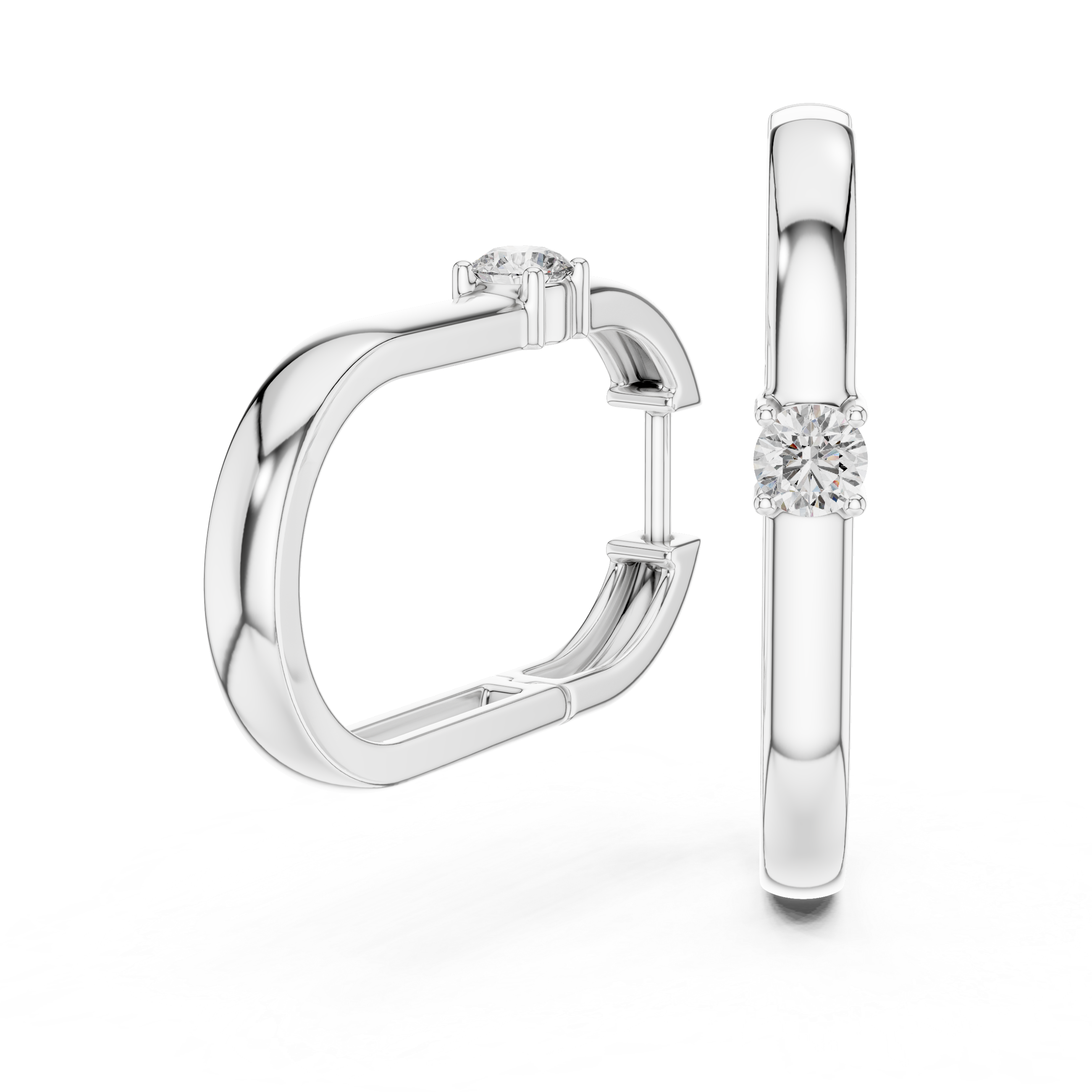 Silver hoop earring with a diamond on a white background