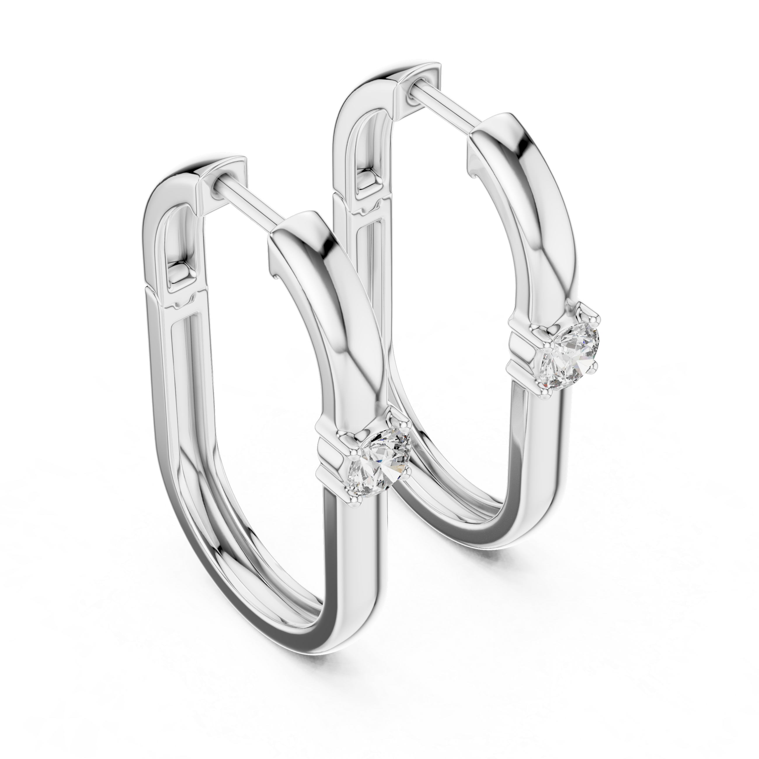 Pair of silver hoop earrings with diamond accents on a white background