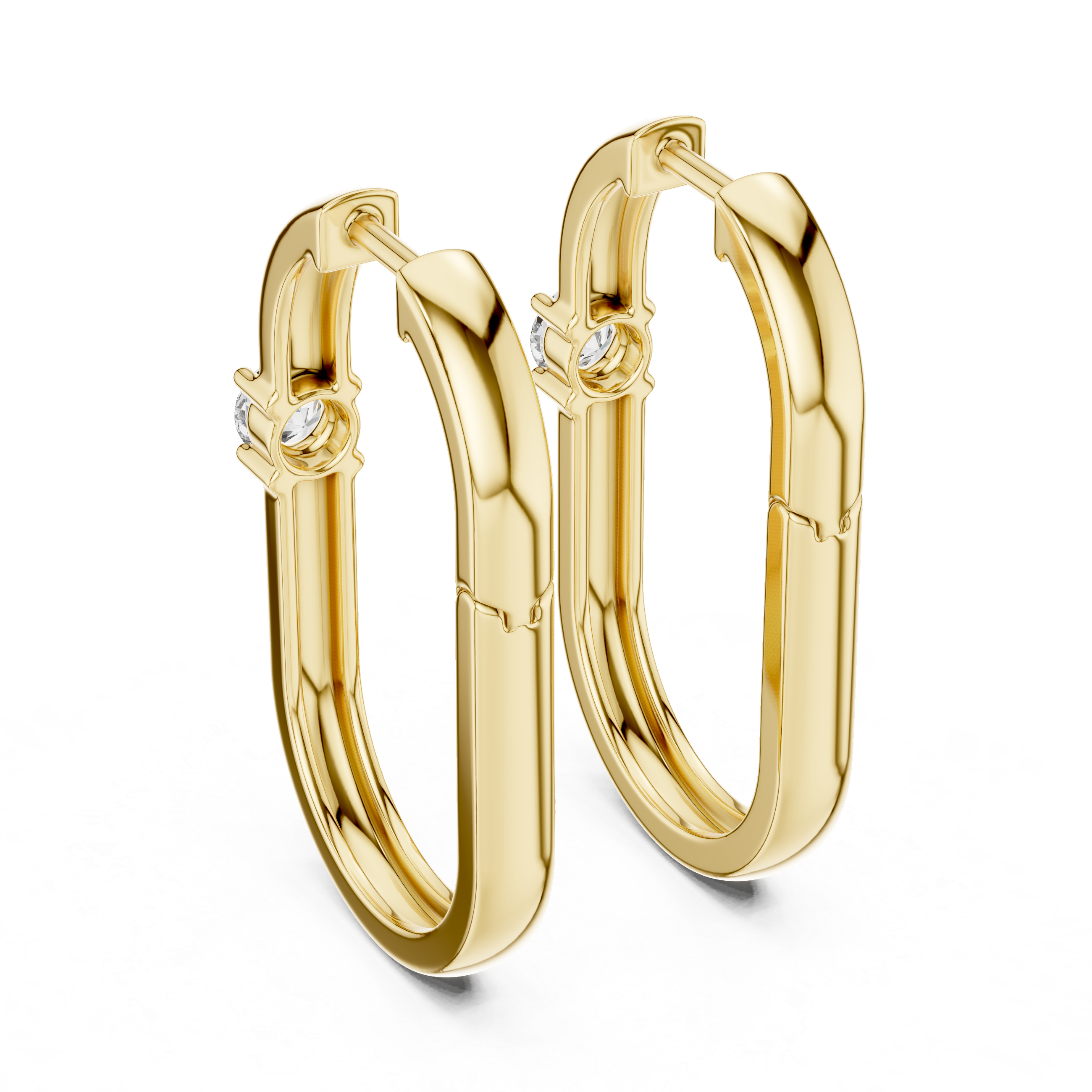 Gold hoop earrings with small diamonds on a white background