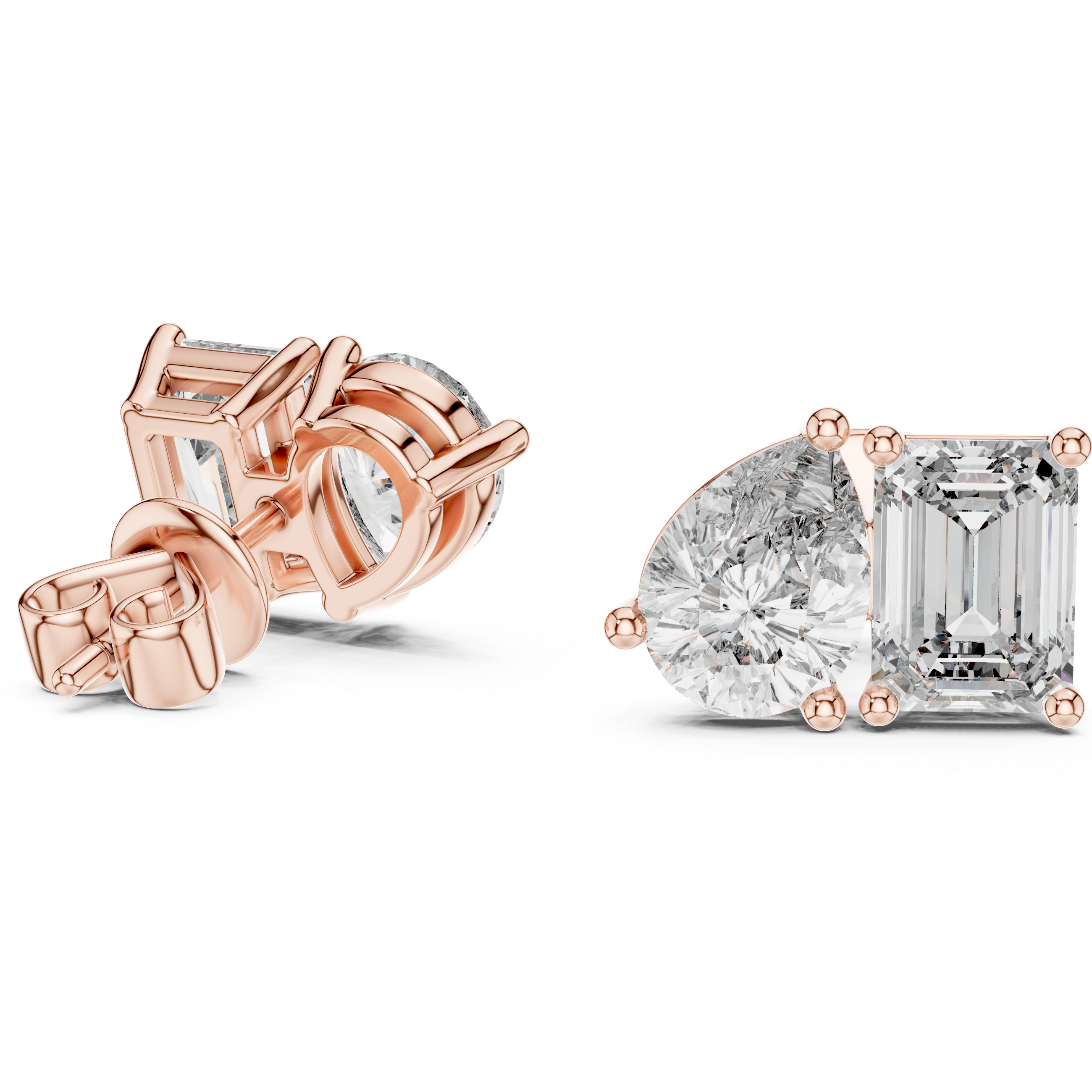 Rose gold diamond earrings on a white background