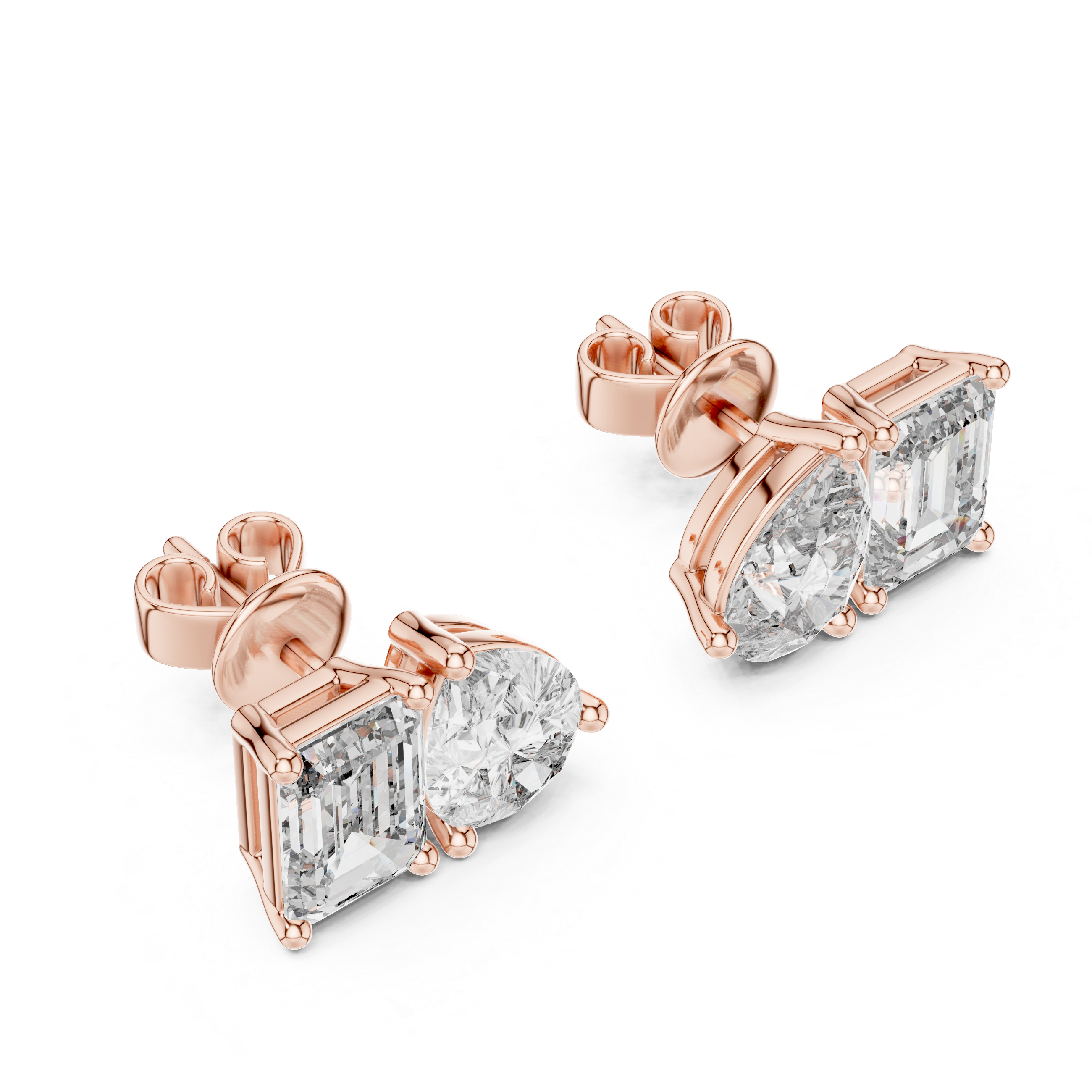 Rose gold earrings with clear gemstones on a white background