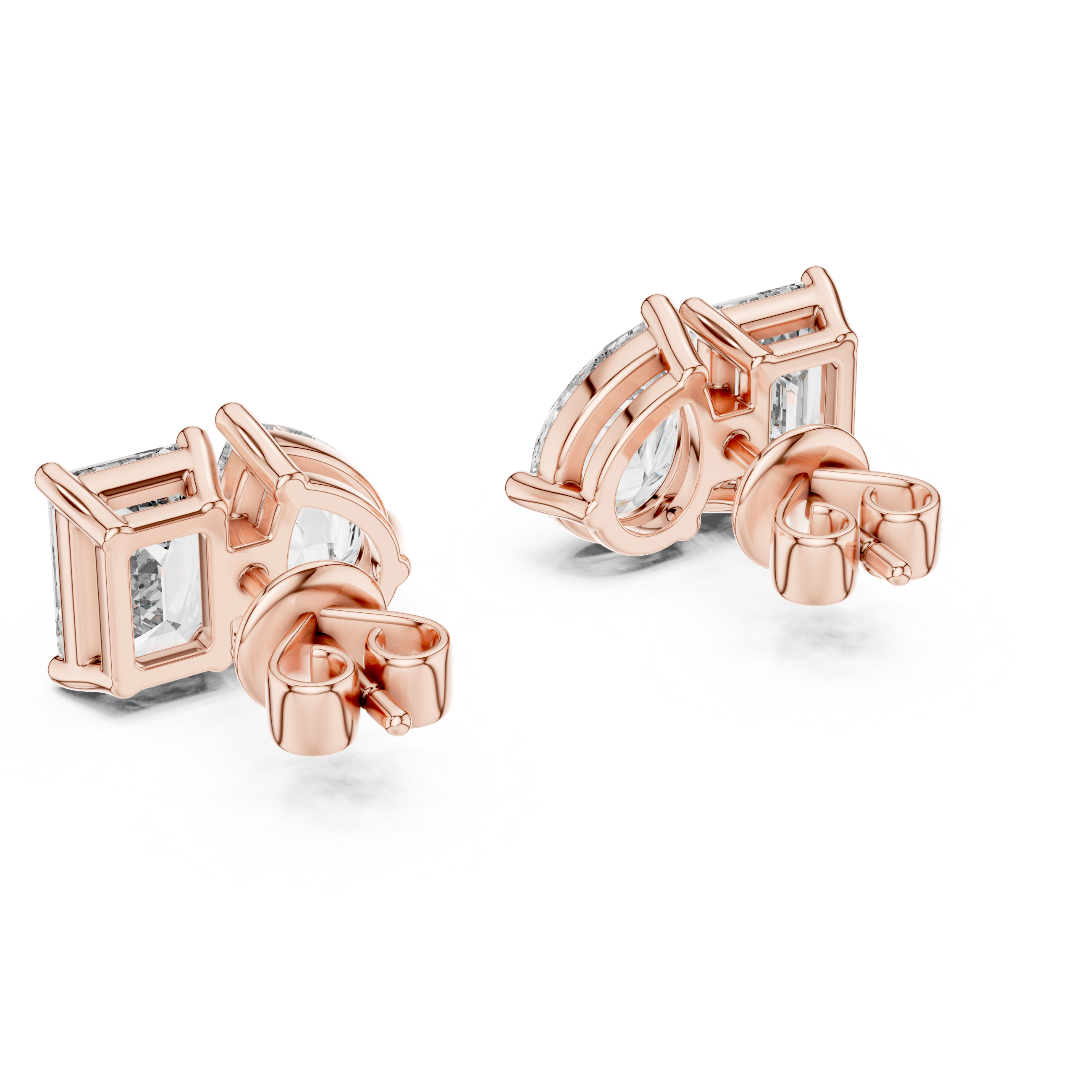 Rose gold earrings with diamond accents on a white background