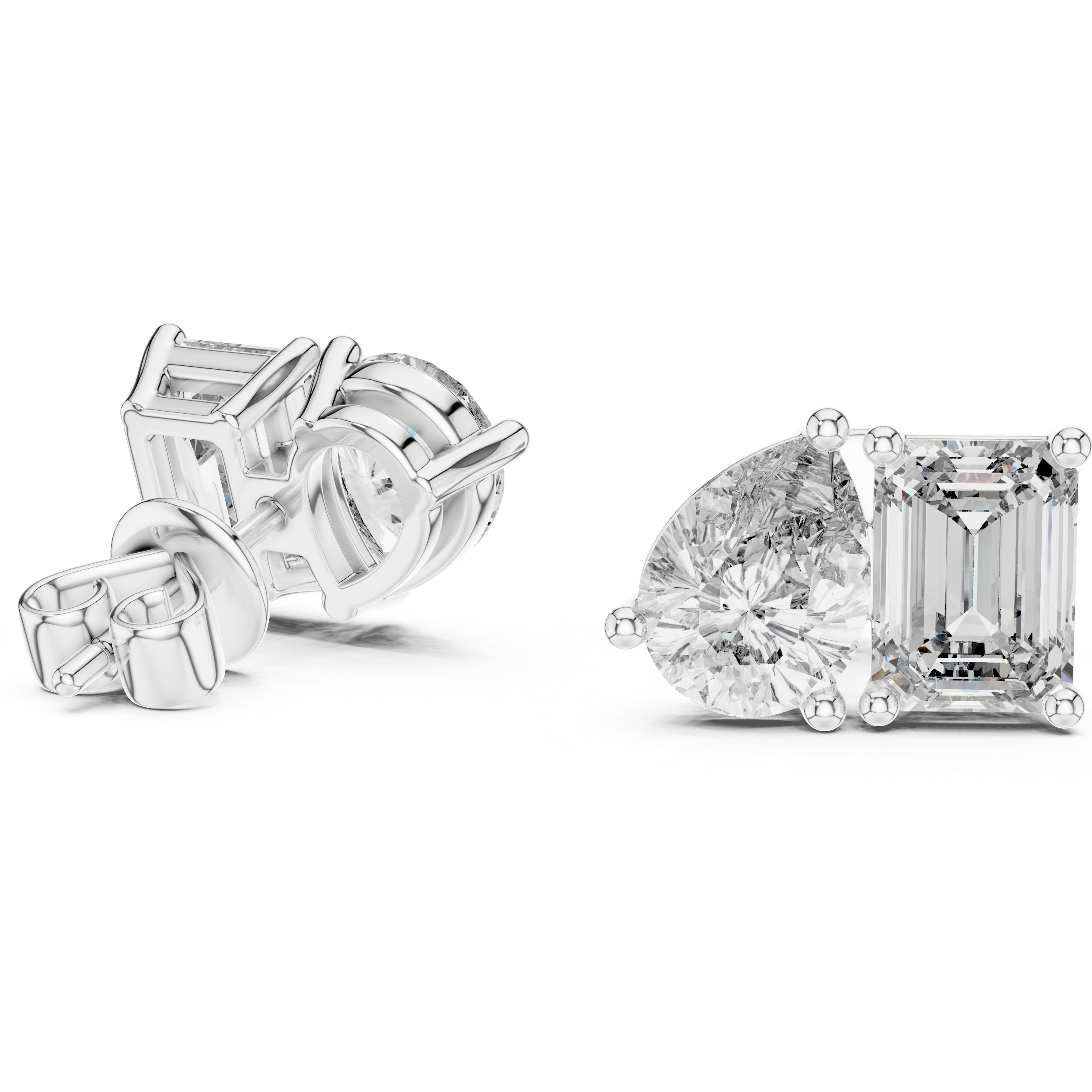 Diamond earrings with emerald-cut and baguette-cut stones on a white background