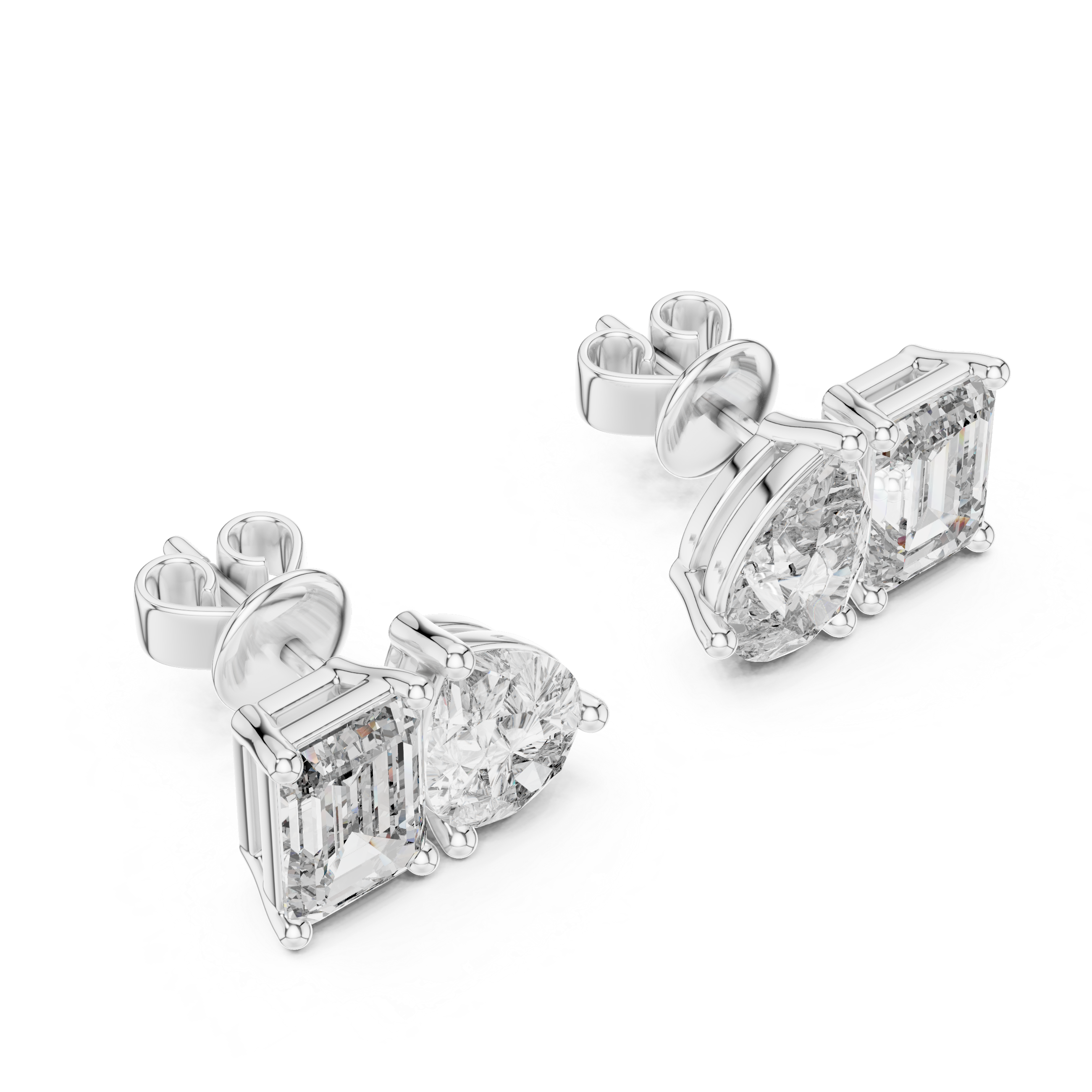 Diamond earrings with rectangular and round cut stones on a white background