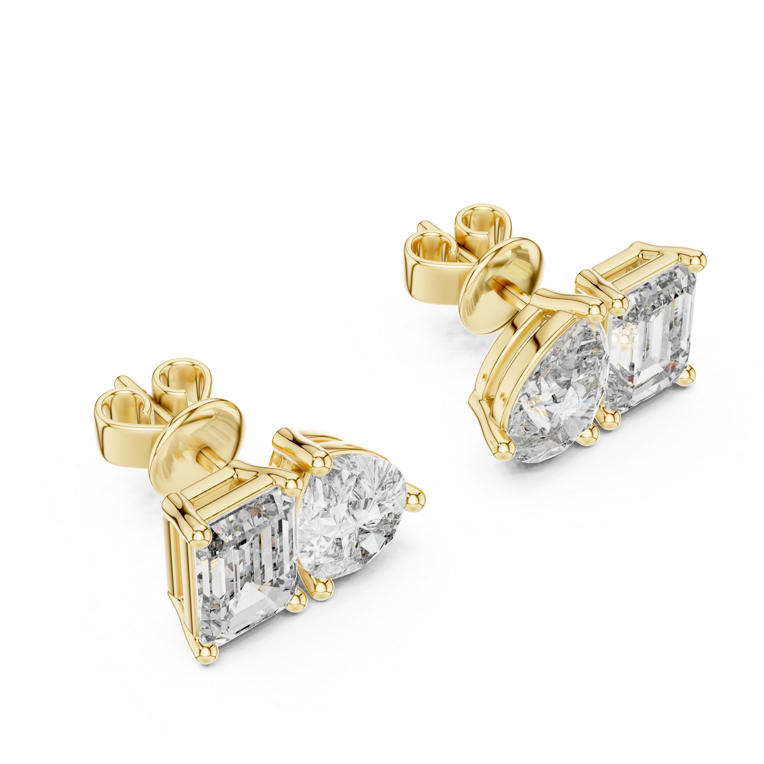 Gold earrings with clear gemstones on a white background