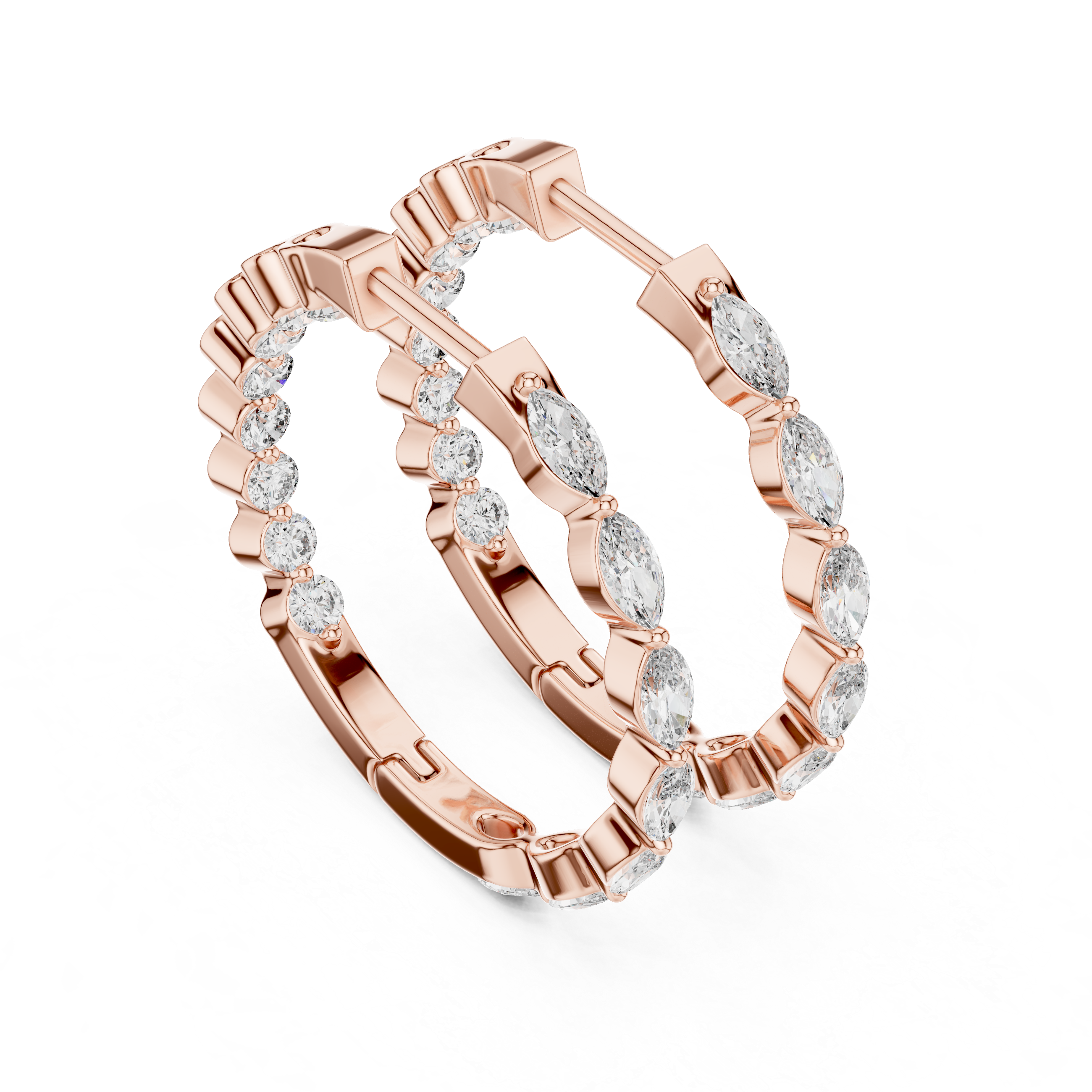 Rose gold hoop earrings with clear gemstones on a white background