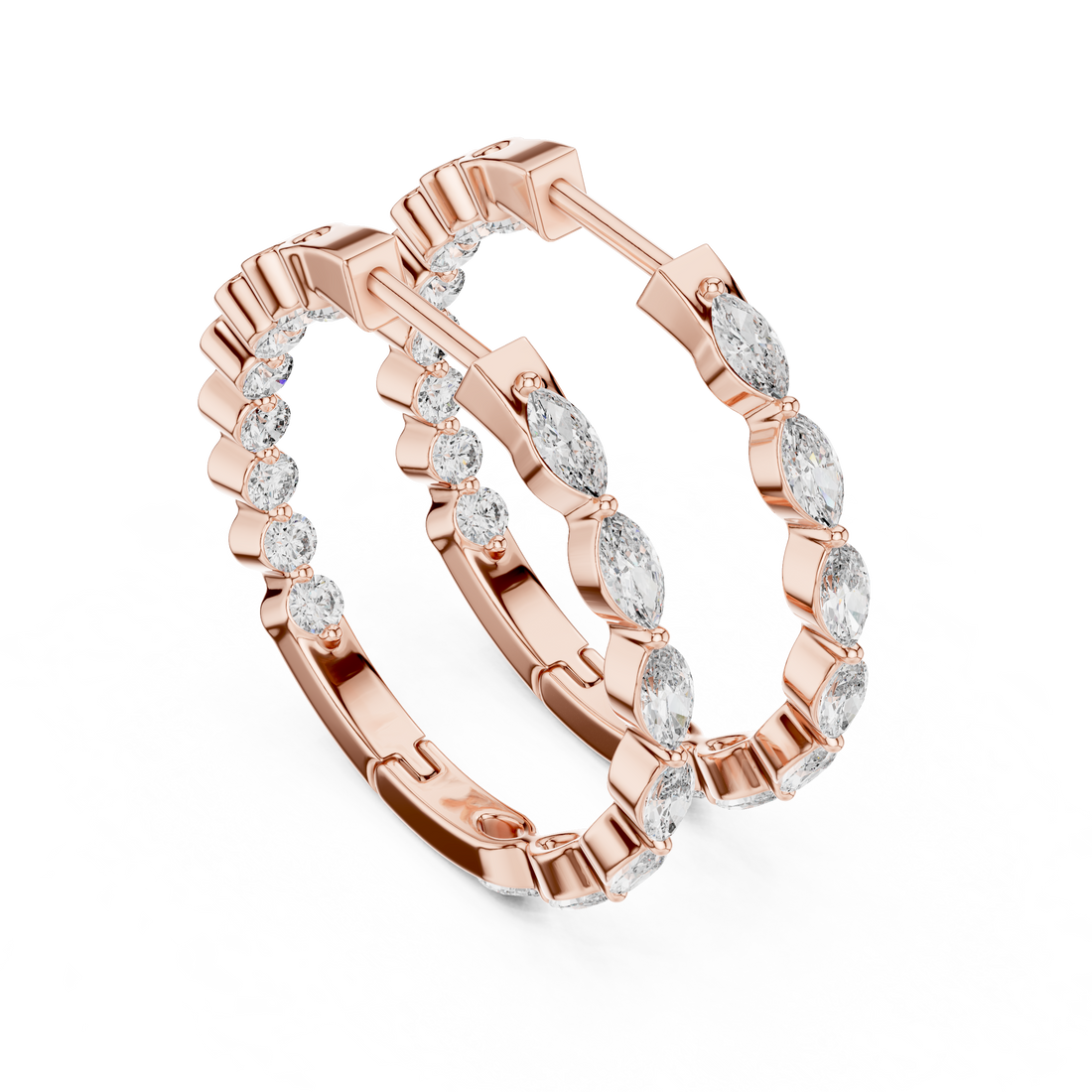 Marquise and Round Diamond Hoop Earrings in 14-KT White Gold