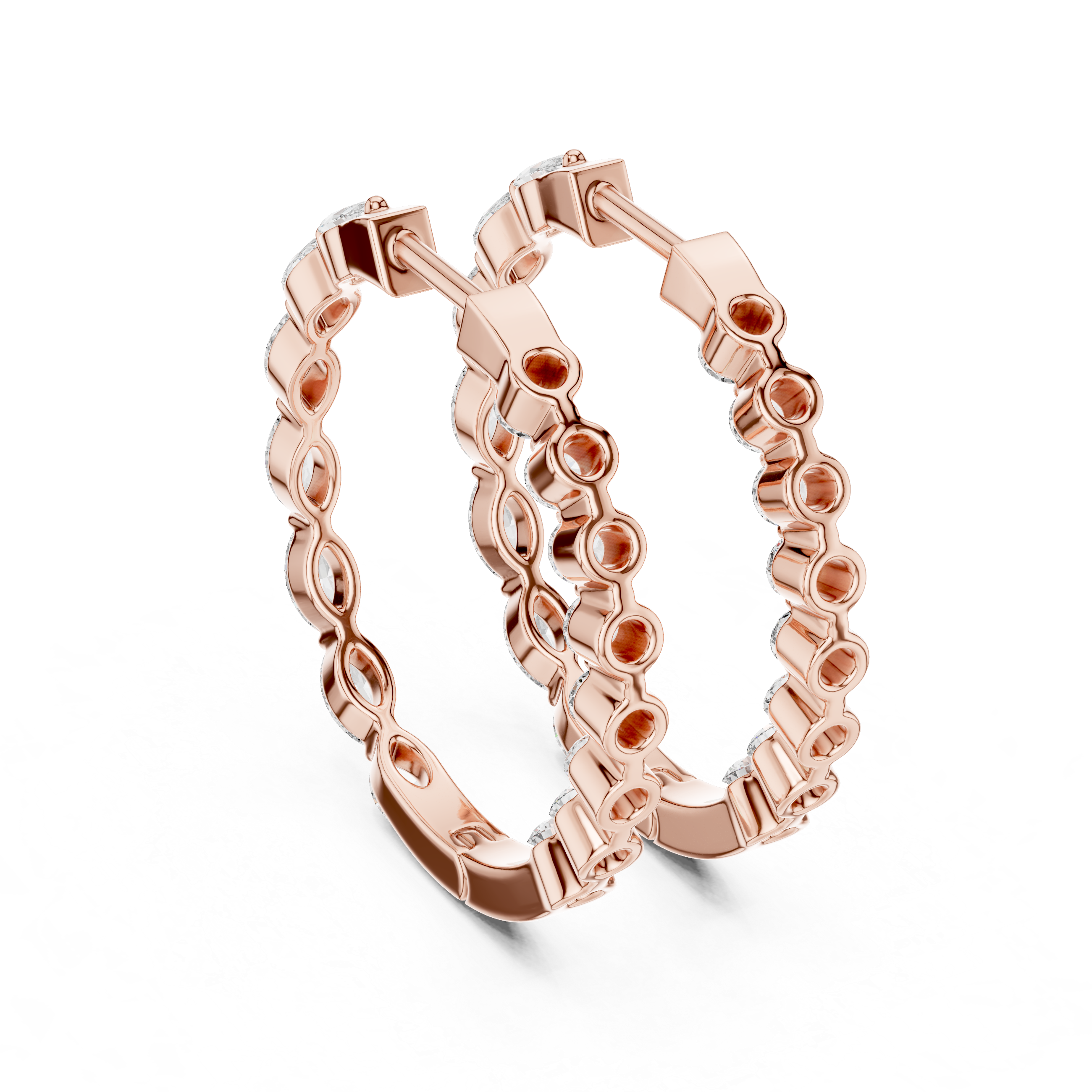 Rose gold hoop earrings on a white background
