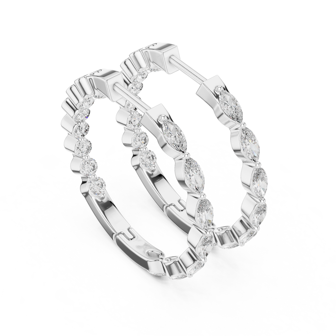 Marquise and Round Diamond Hoop Earrings in 14-KT White Gold