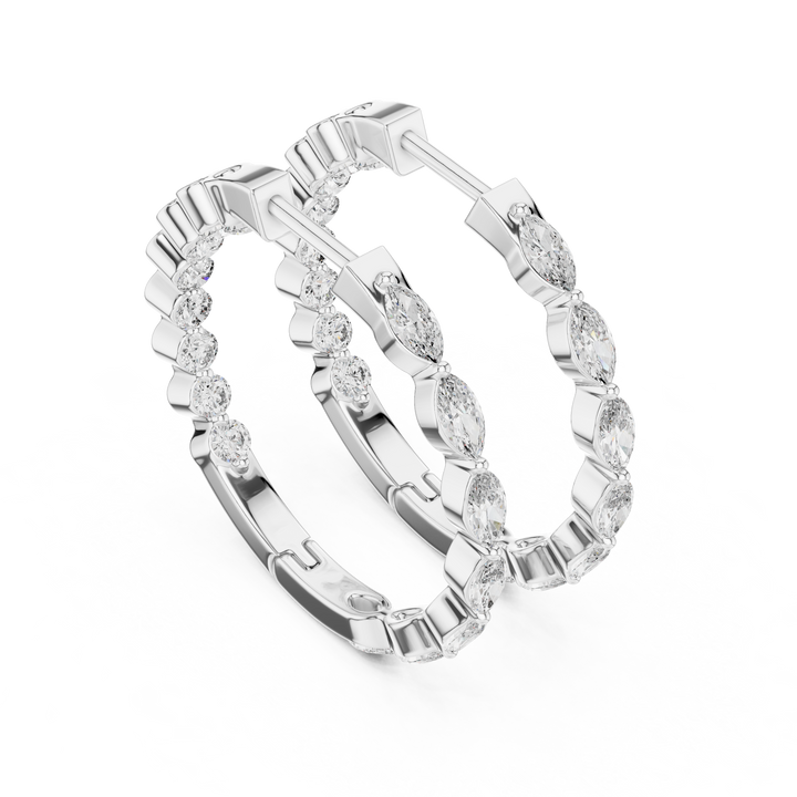 Marquise and Round Diamond Hoop Earrings in 14-KT White Gold
