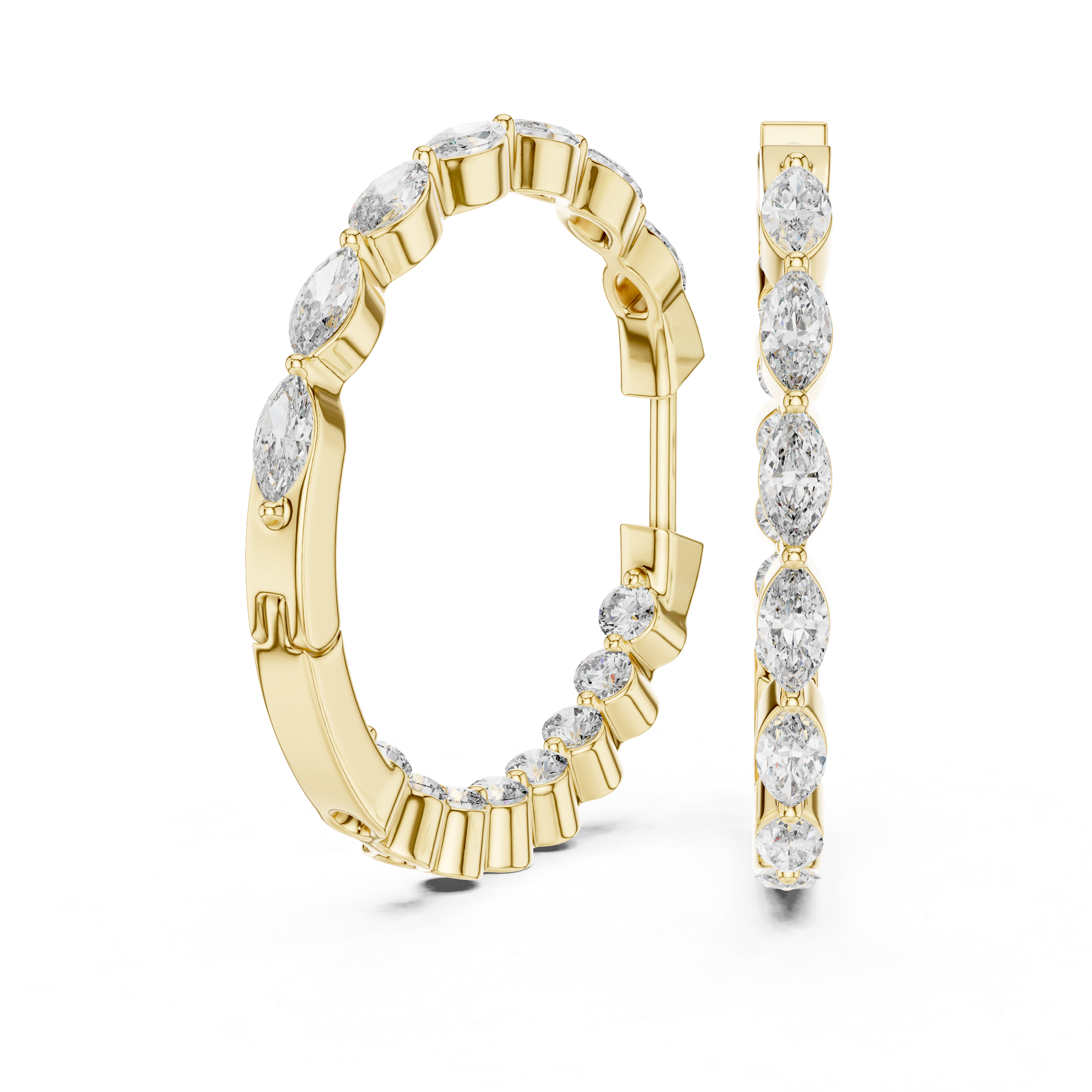 Gold hoop earrings with diamond accents on a white background