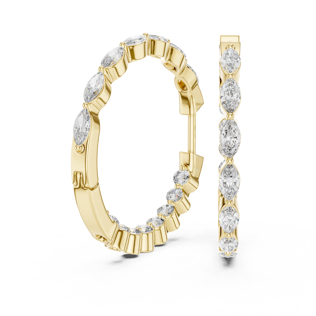 Marquise and Round Diamond Hoop Earrings in 14-KT White Gold