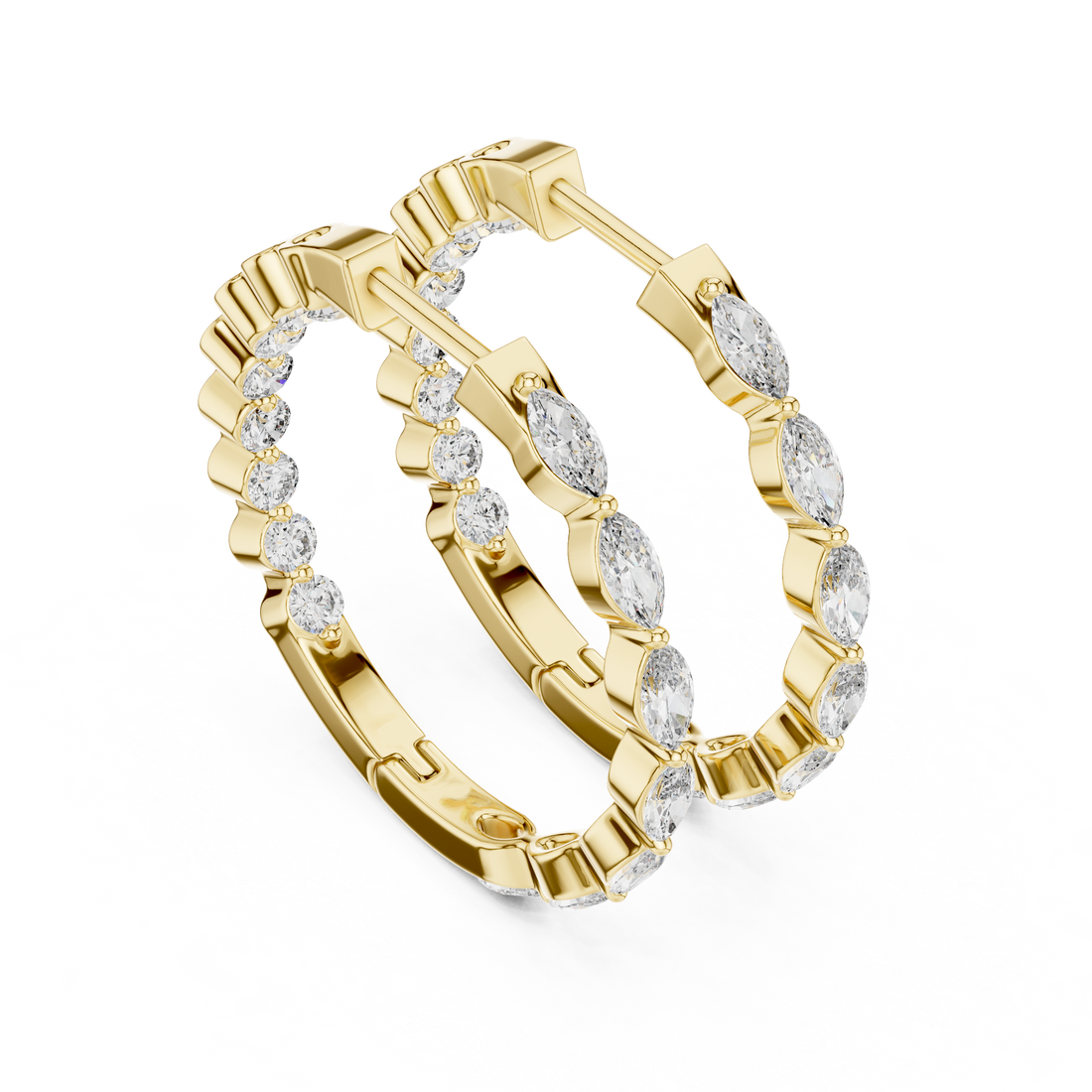 Marquise and Round Diamond Hoop Earrings in 14-KT White Gold