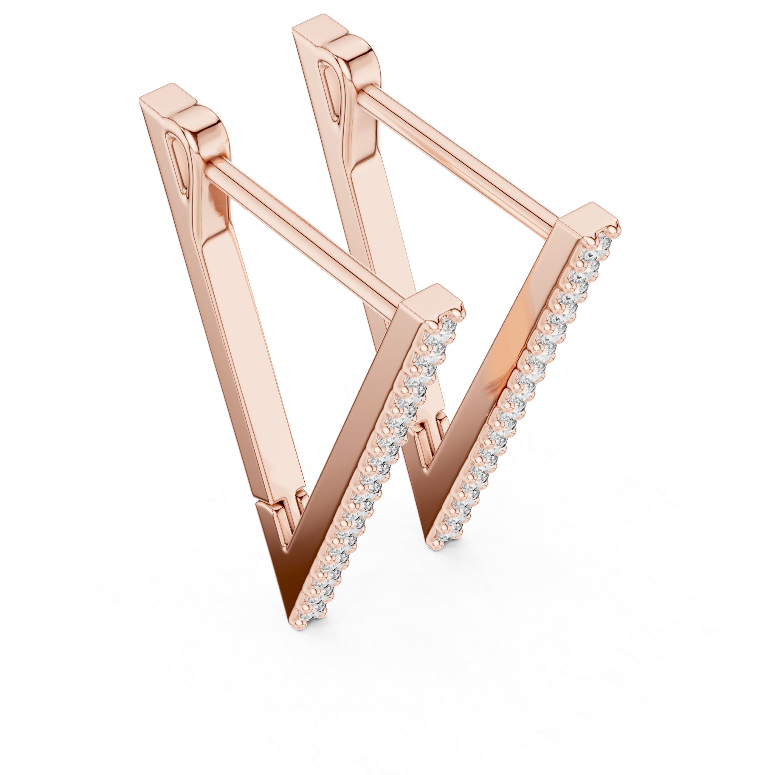 Rose gold earrings with diamond accents on a white background