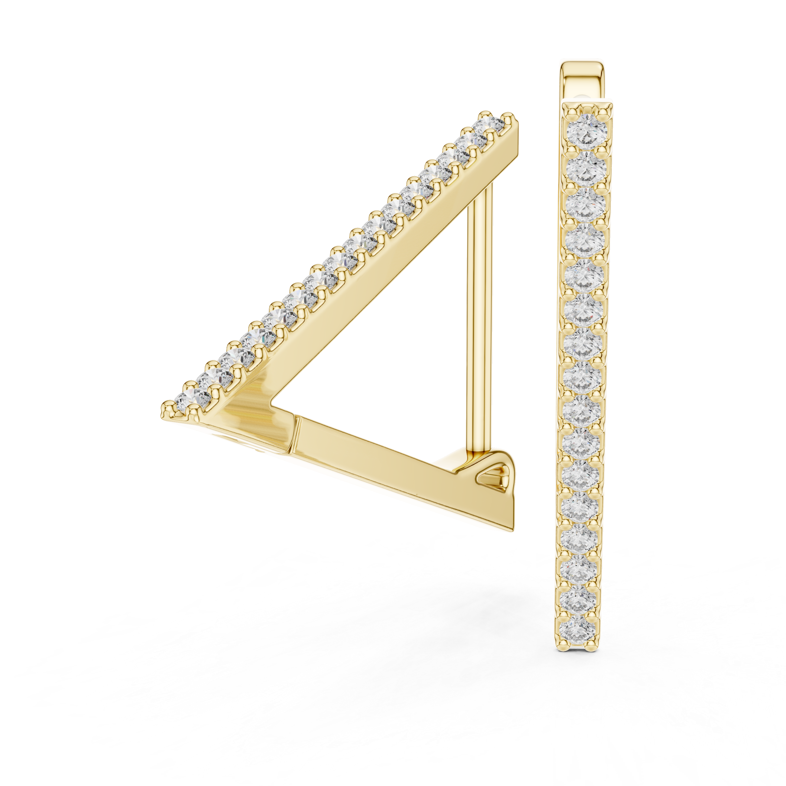 Gold triangle-shaped earrings with clear gemstones on a white background