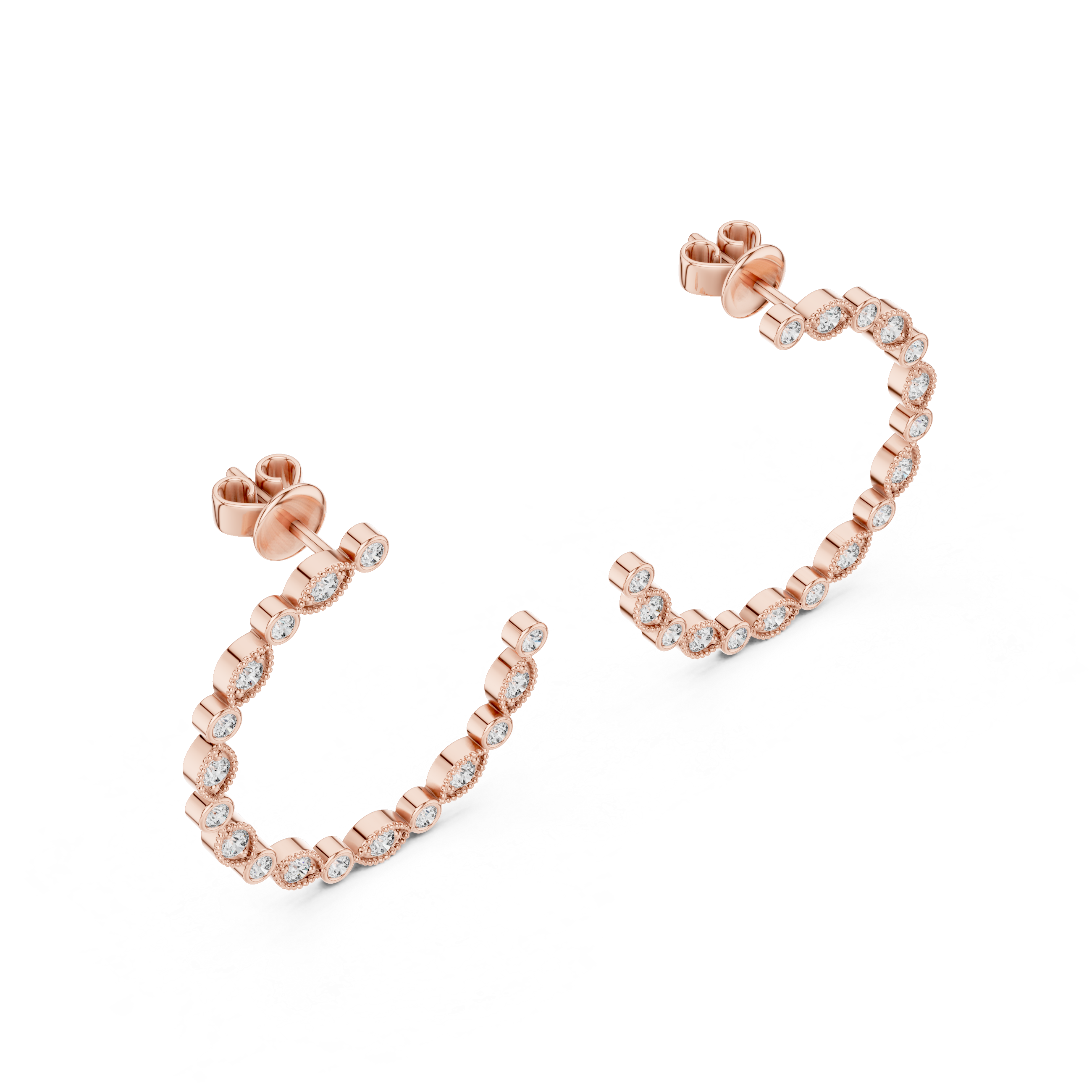 Rose gold hoop earrings with clear gemstones on a white background