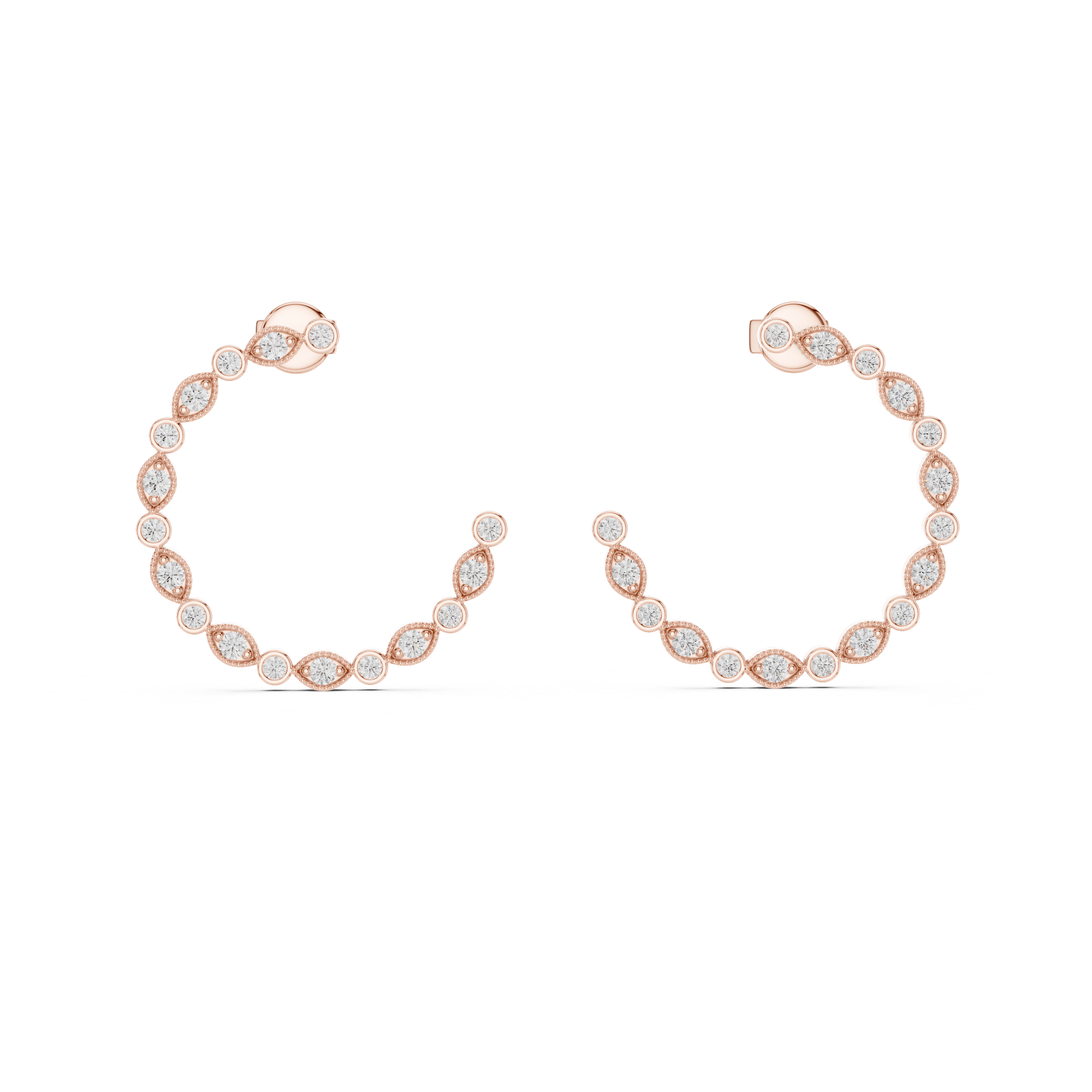 Rose gold hoop earrings with clear gemstones on a white background