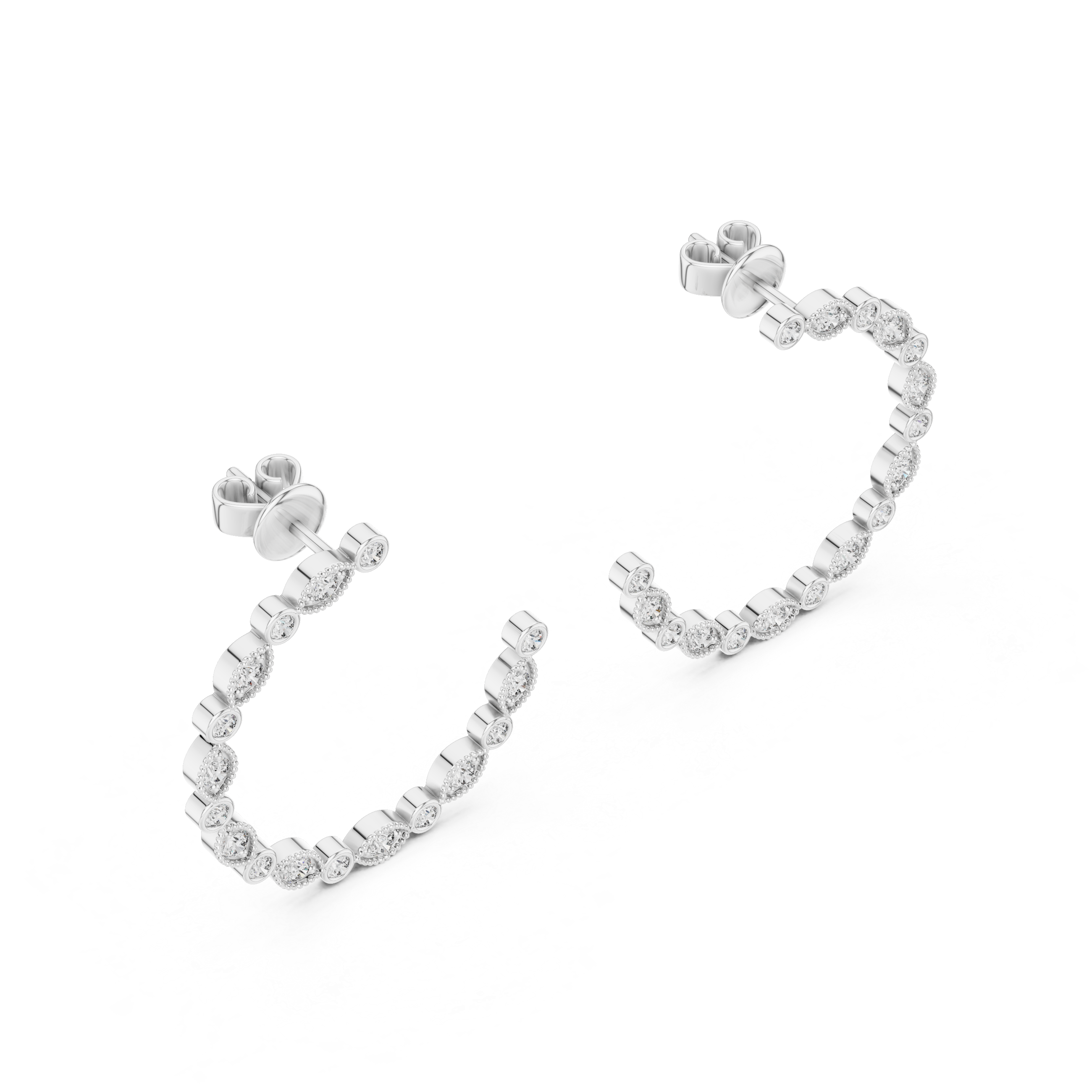 Pair of silver hoop earrings on a white background