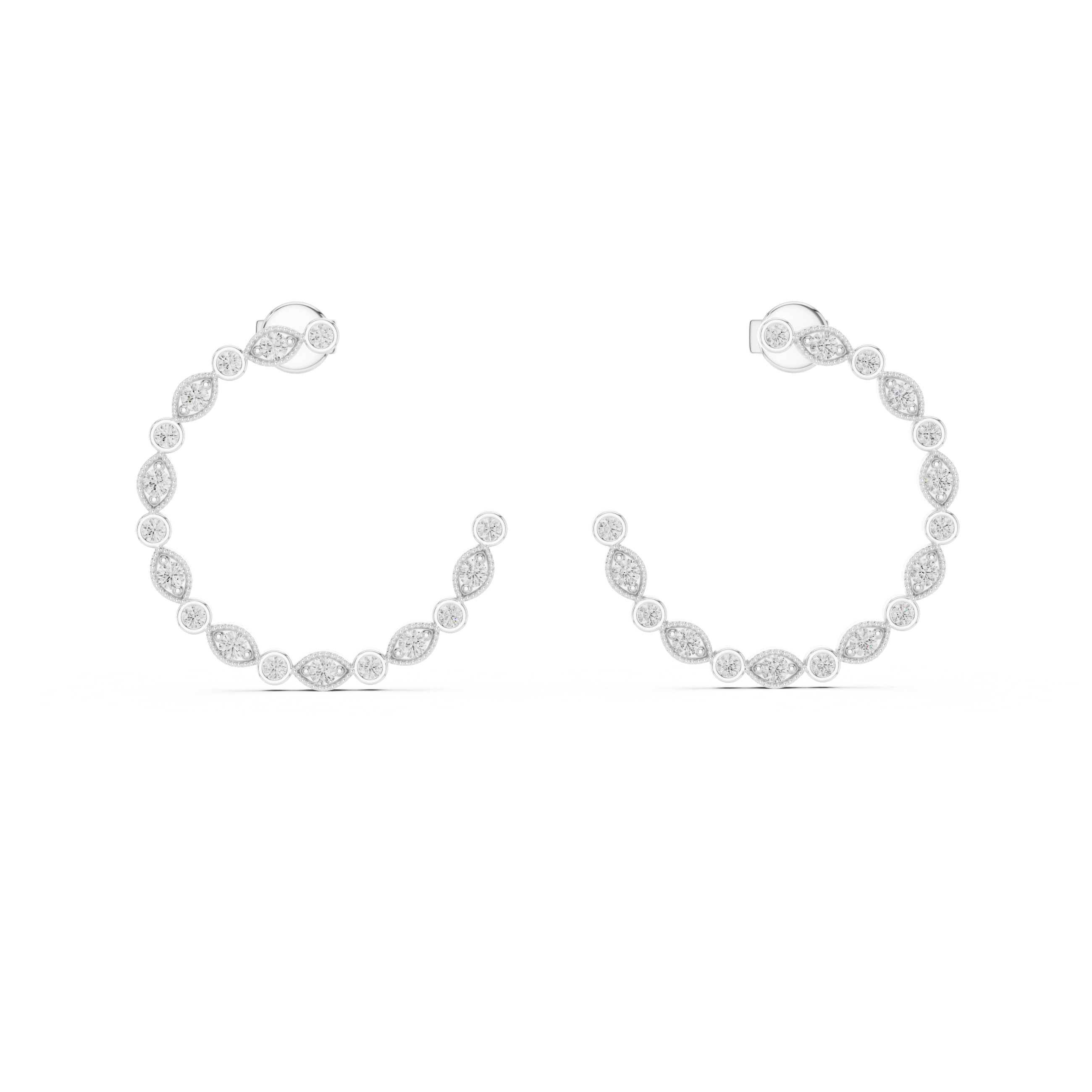 Pair of silver hoop earrings on a white background
