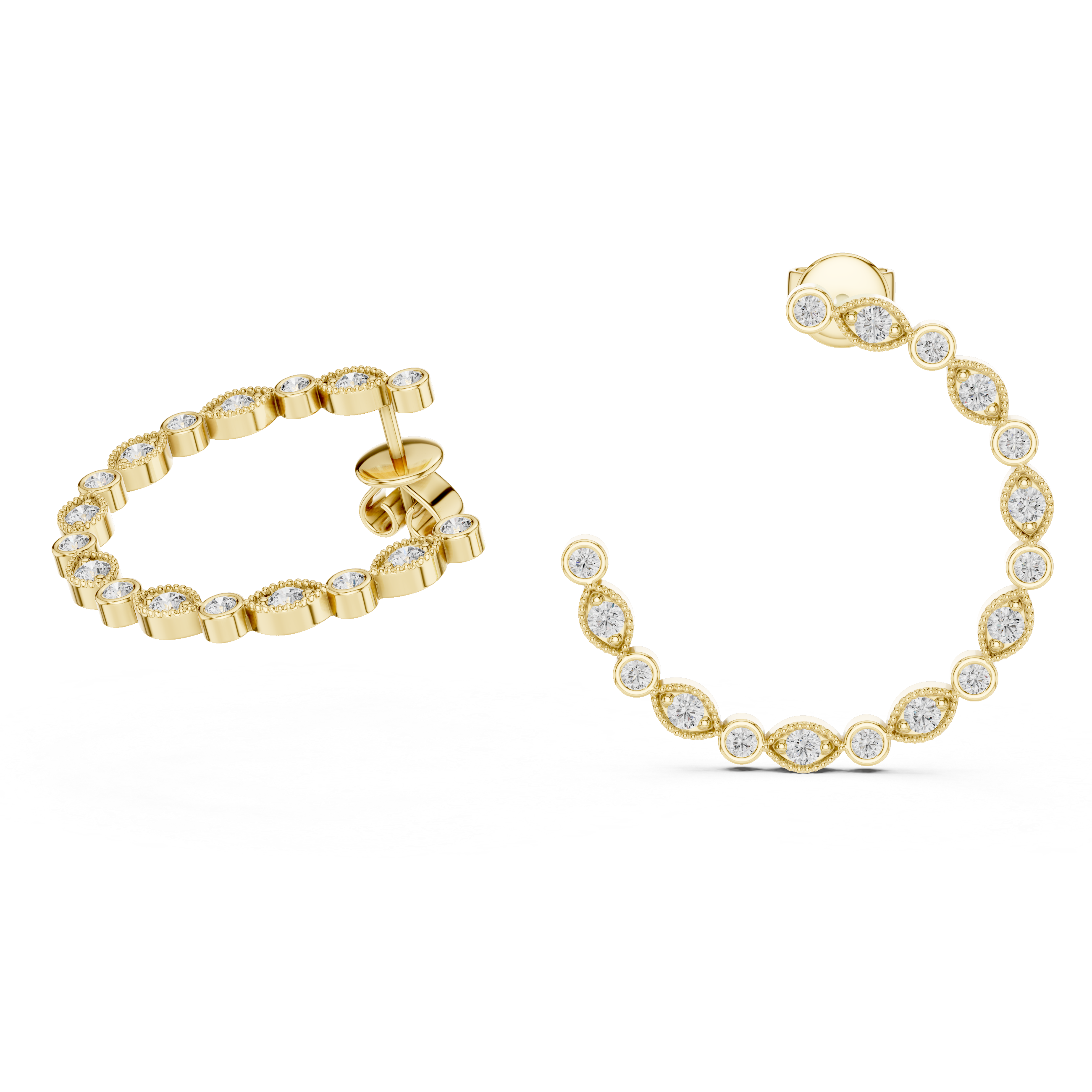 Gold hoop earrings with clear gemstones on a white background