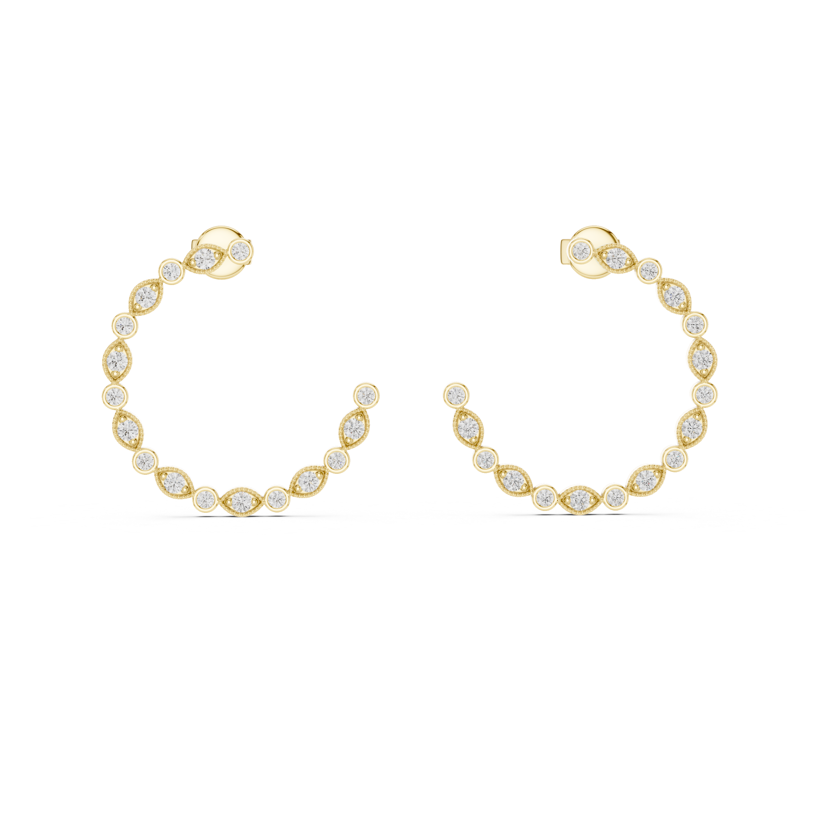 Gold hoop earrings with clear gemstones on a white background