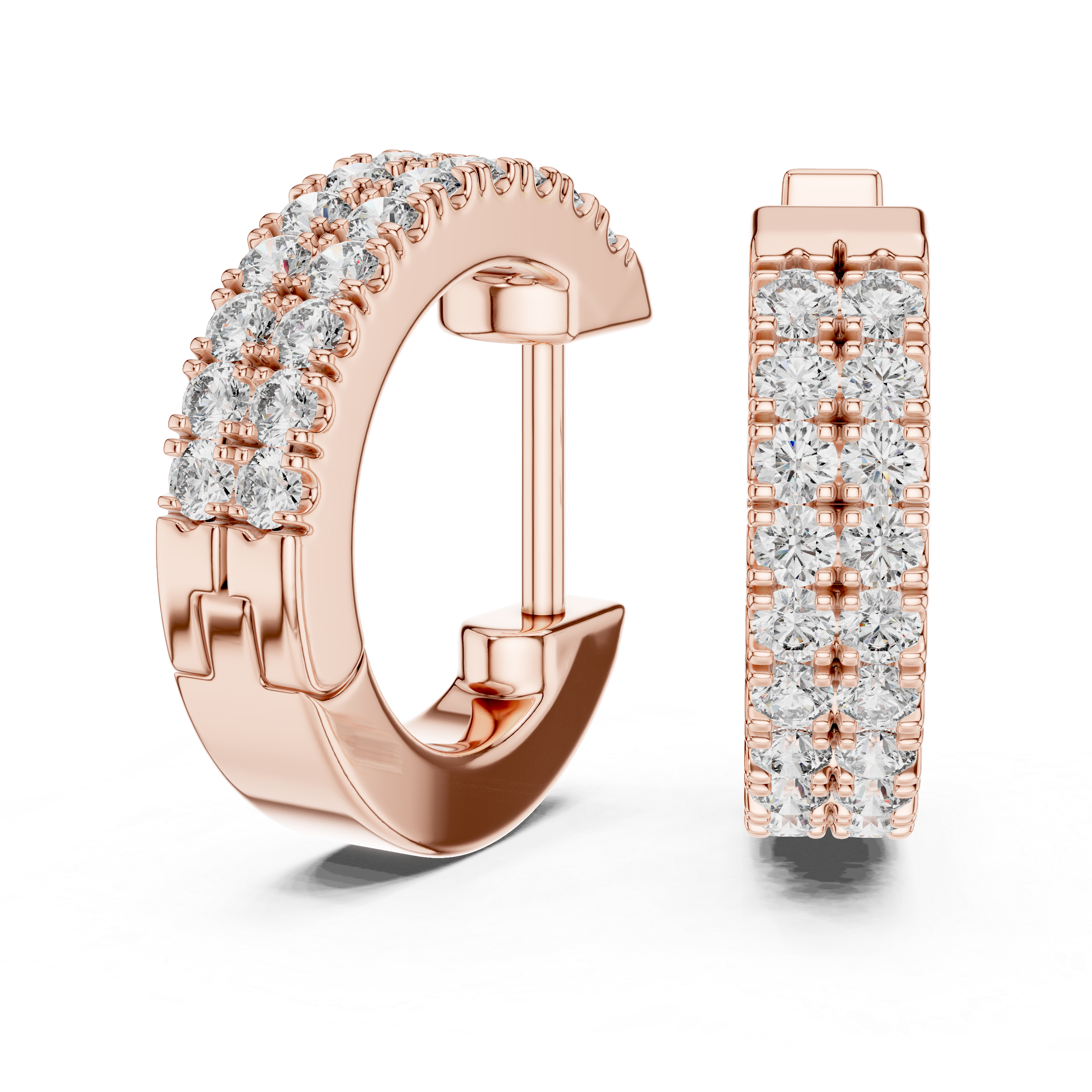 Rose gold hoop earrings with diamond accents on a white background