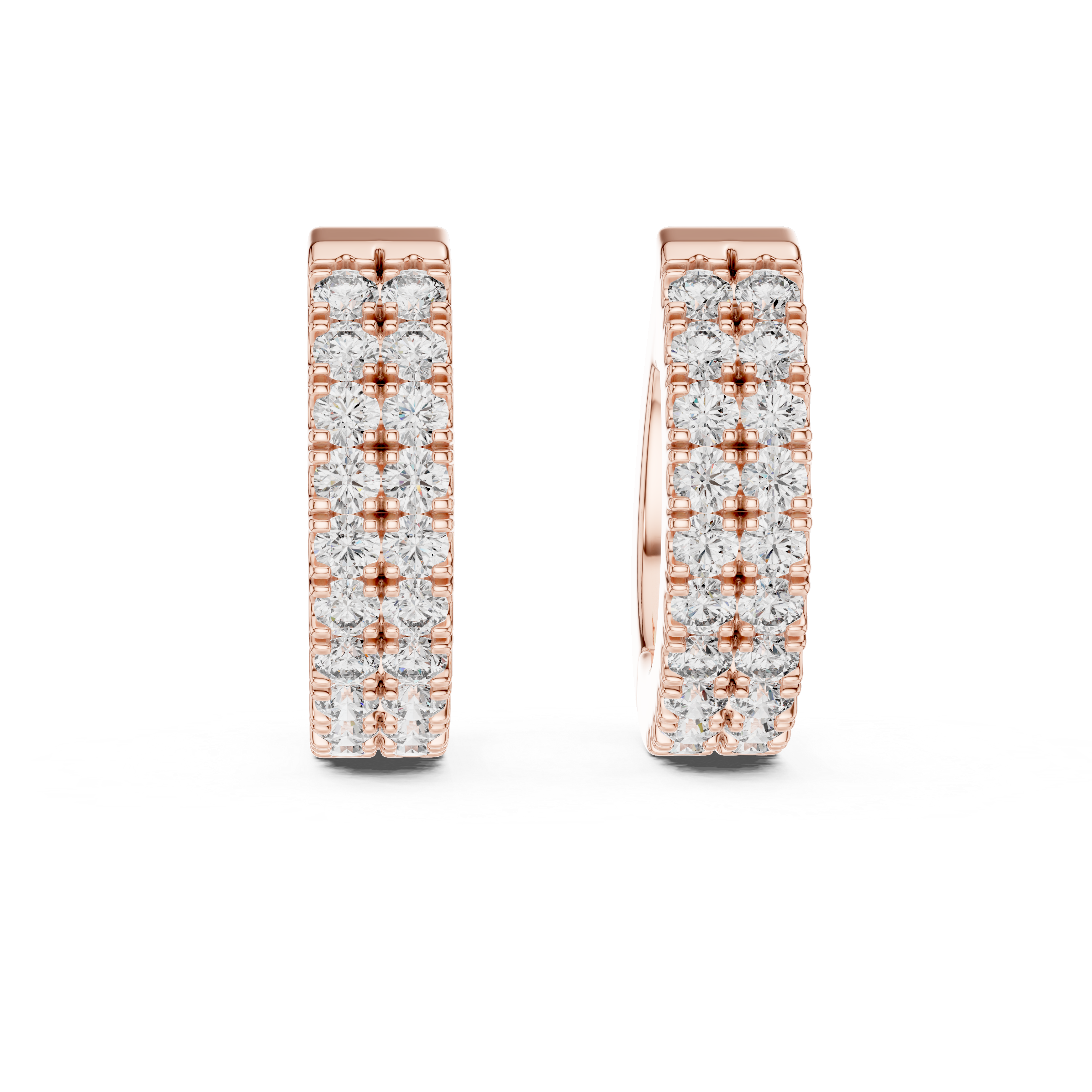Rose gold hoop earrings with diamond accents on a white background