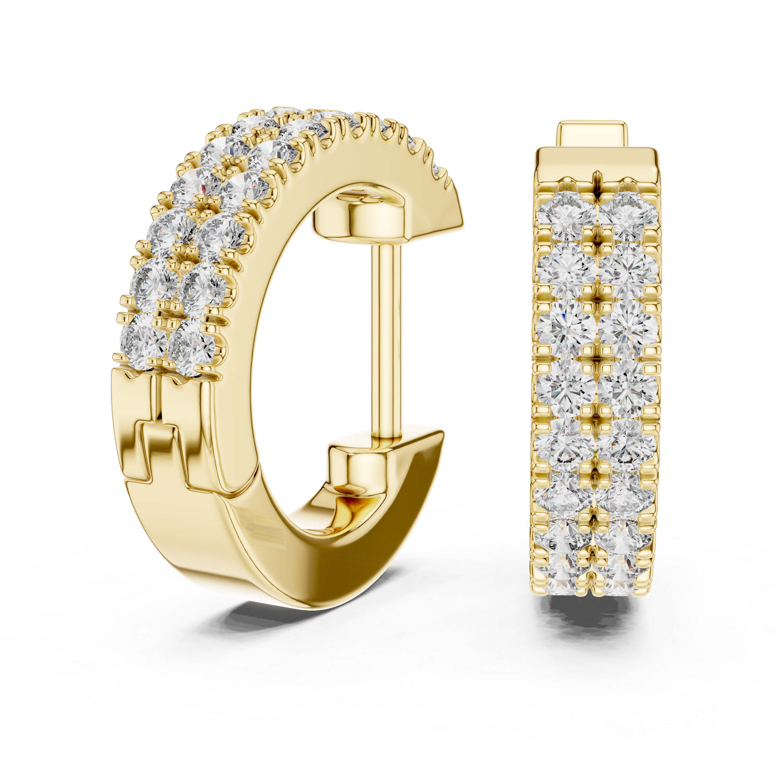 Gold hoop earrings with diamond accents on a white background
