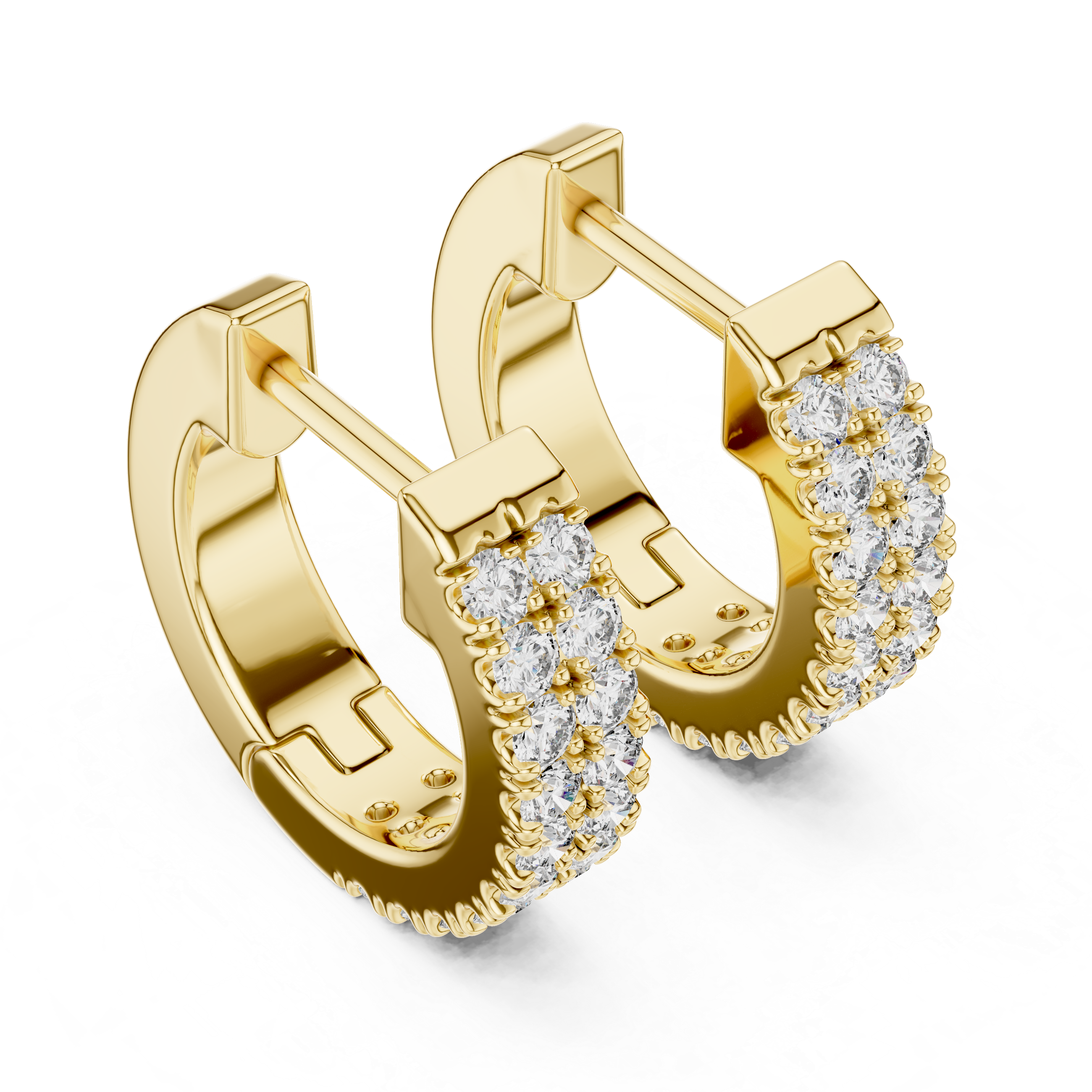 Gold hoop earrings with diamond accents on a white background