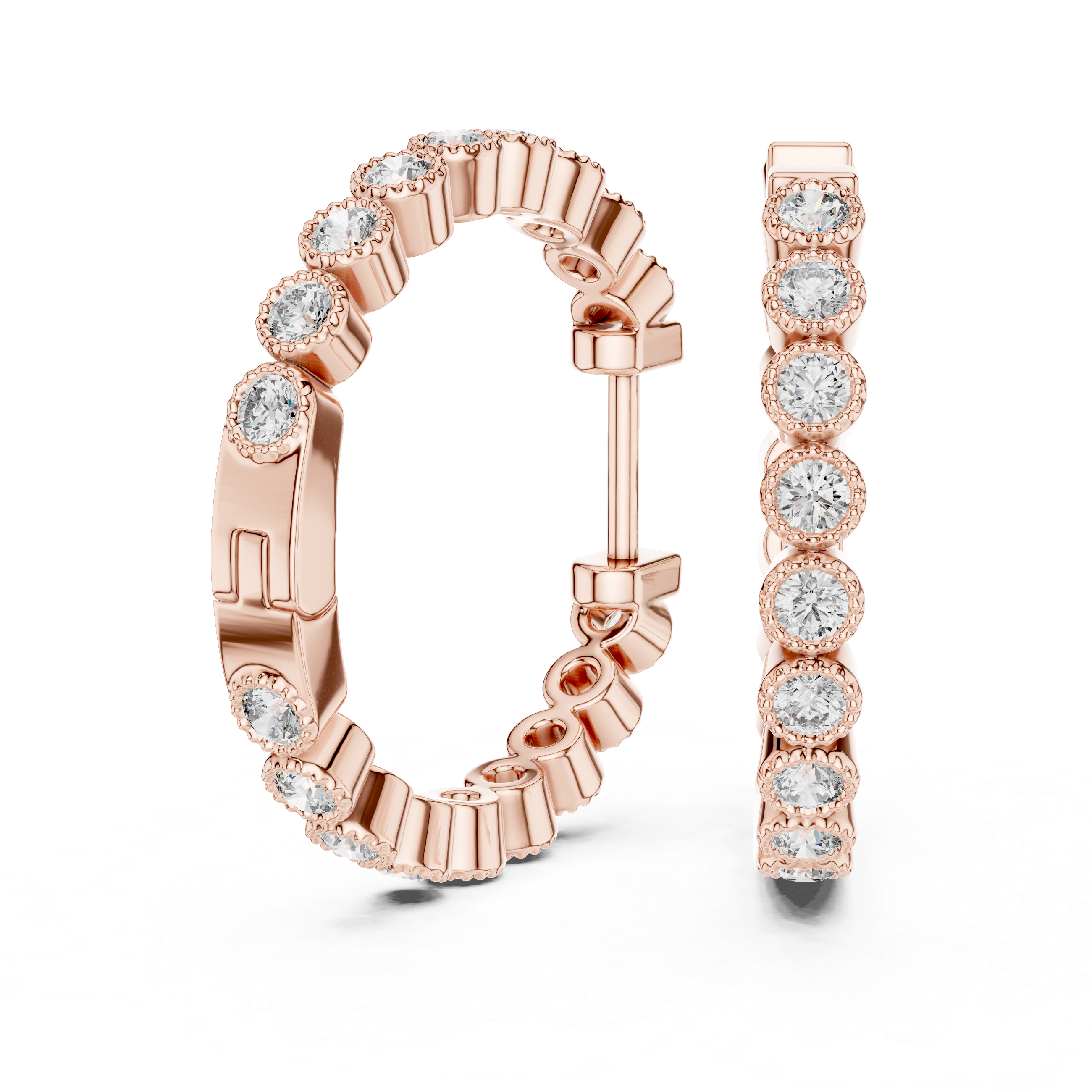 Rose gold hoop earrings with diamond accents on a white background