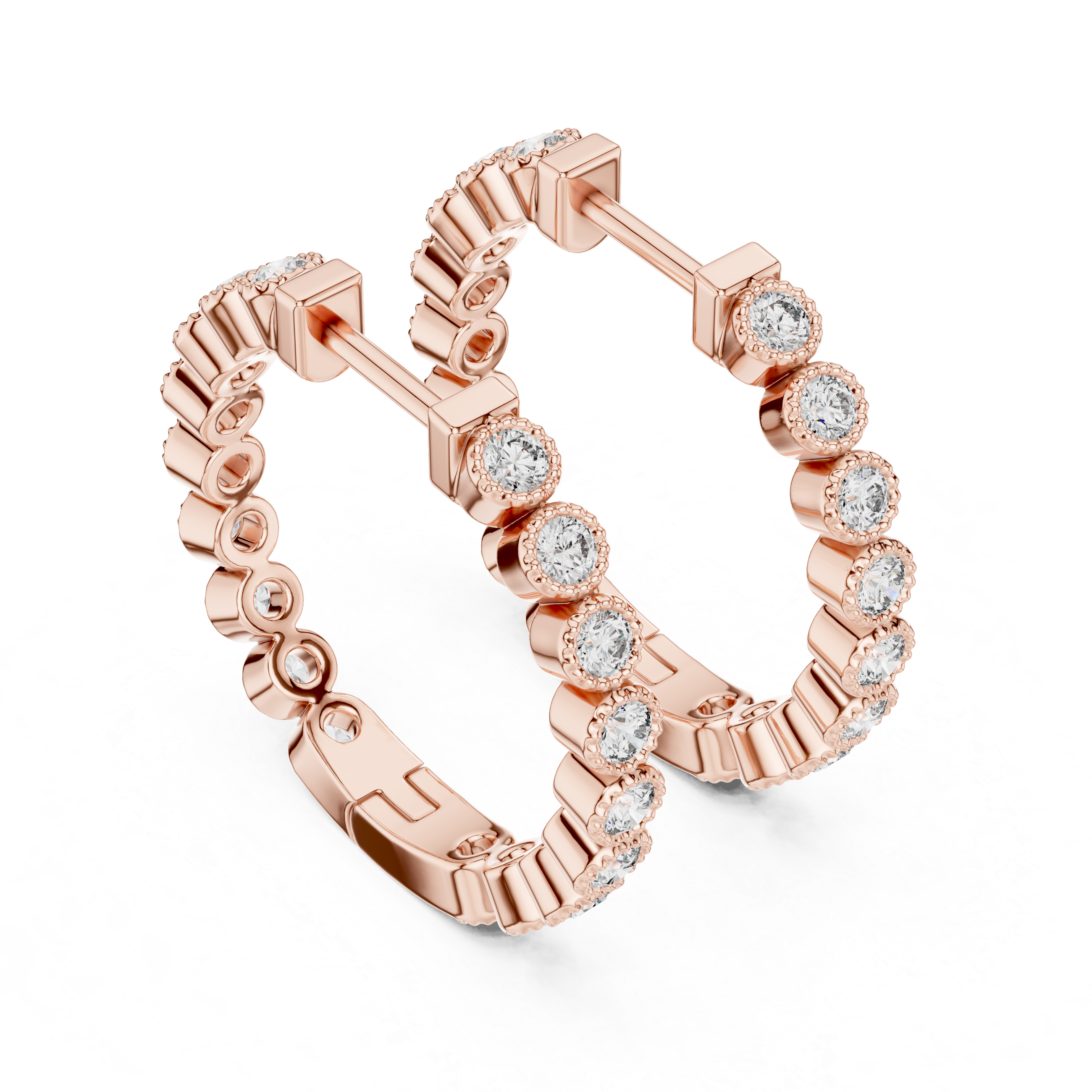 Rose gold hoop earrings with diamond accents on a white background
