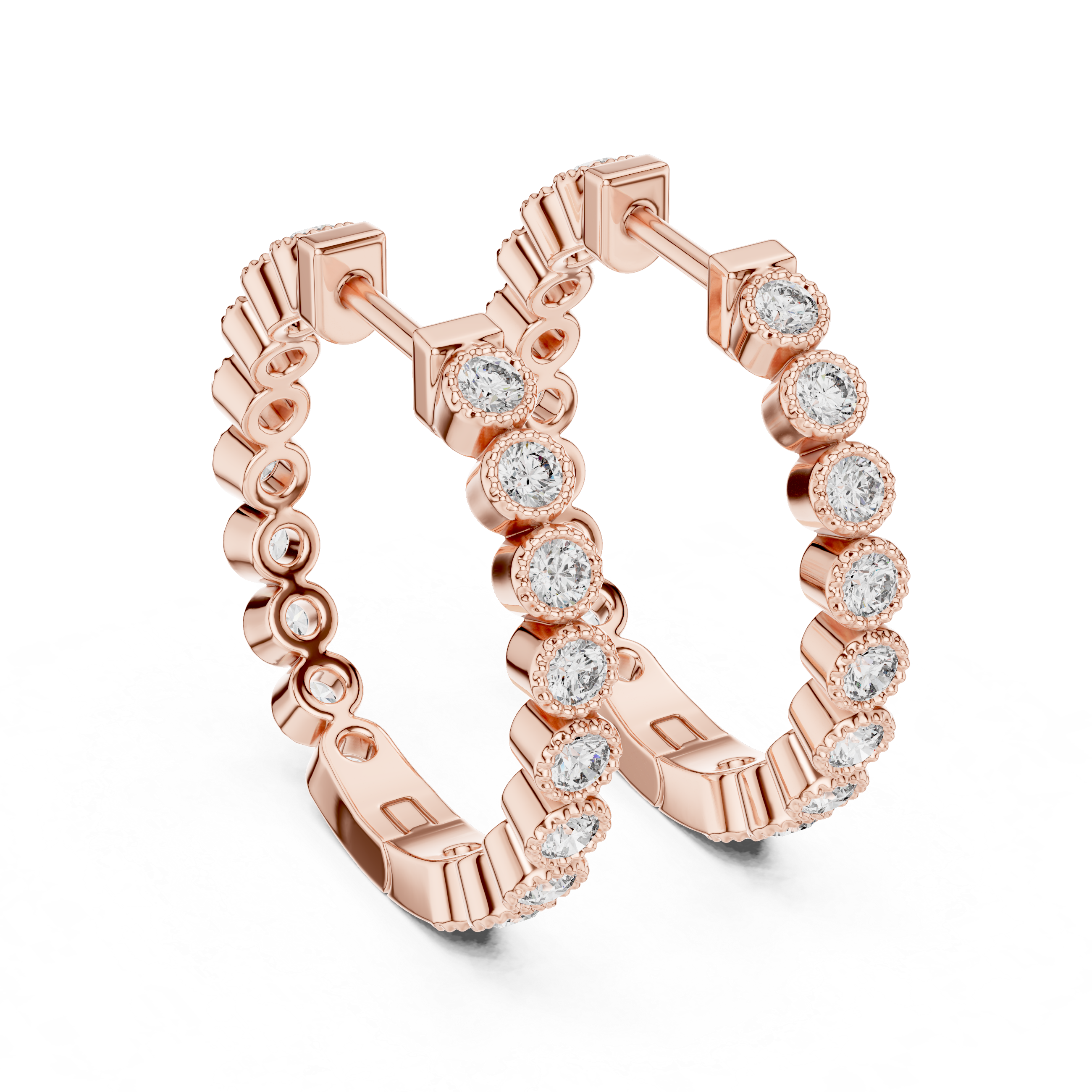 Rose gold hoop earrings with diamonds on a white background
