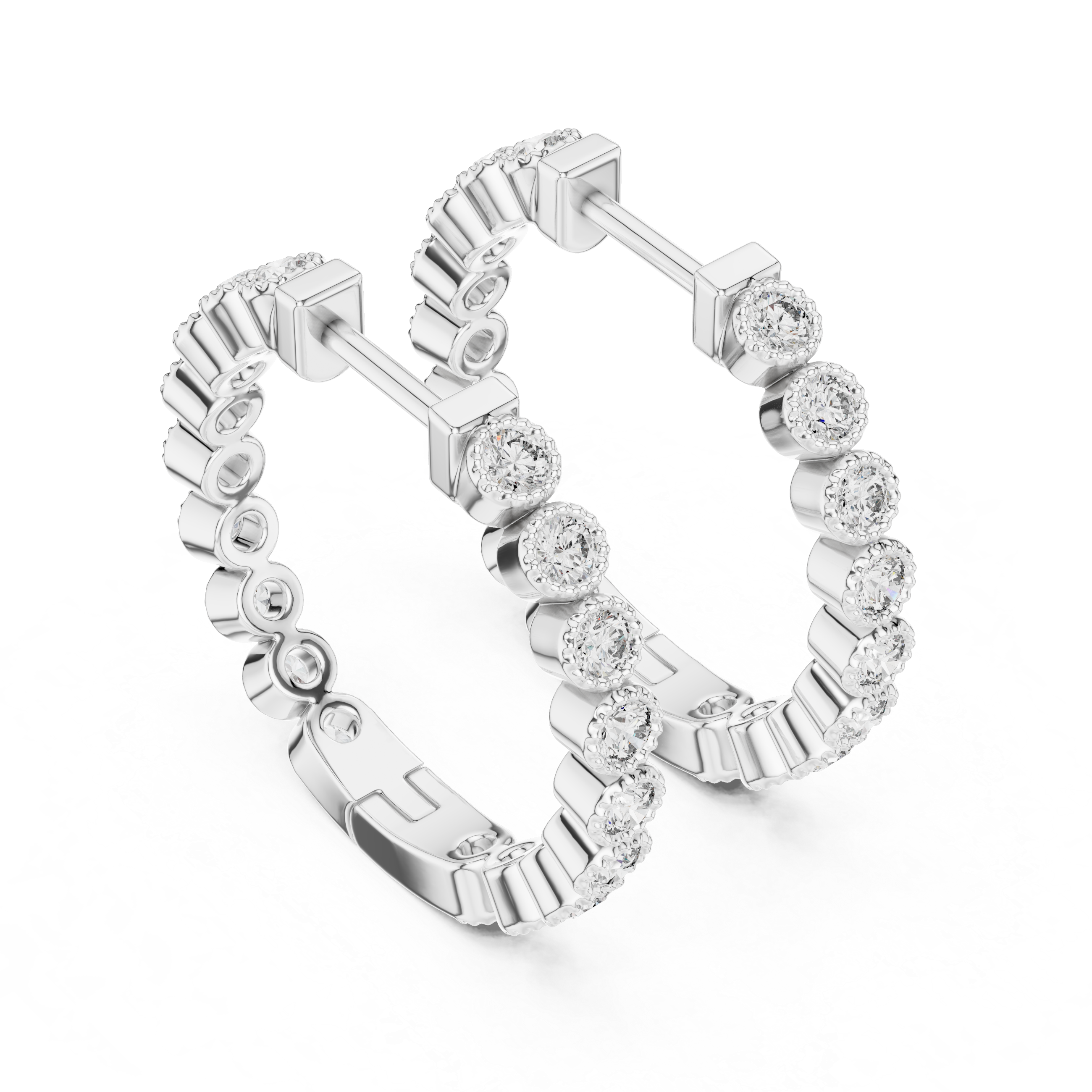 Silver hoop earrings with diamond accents on a white background