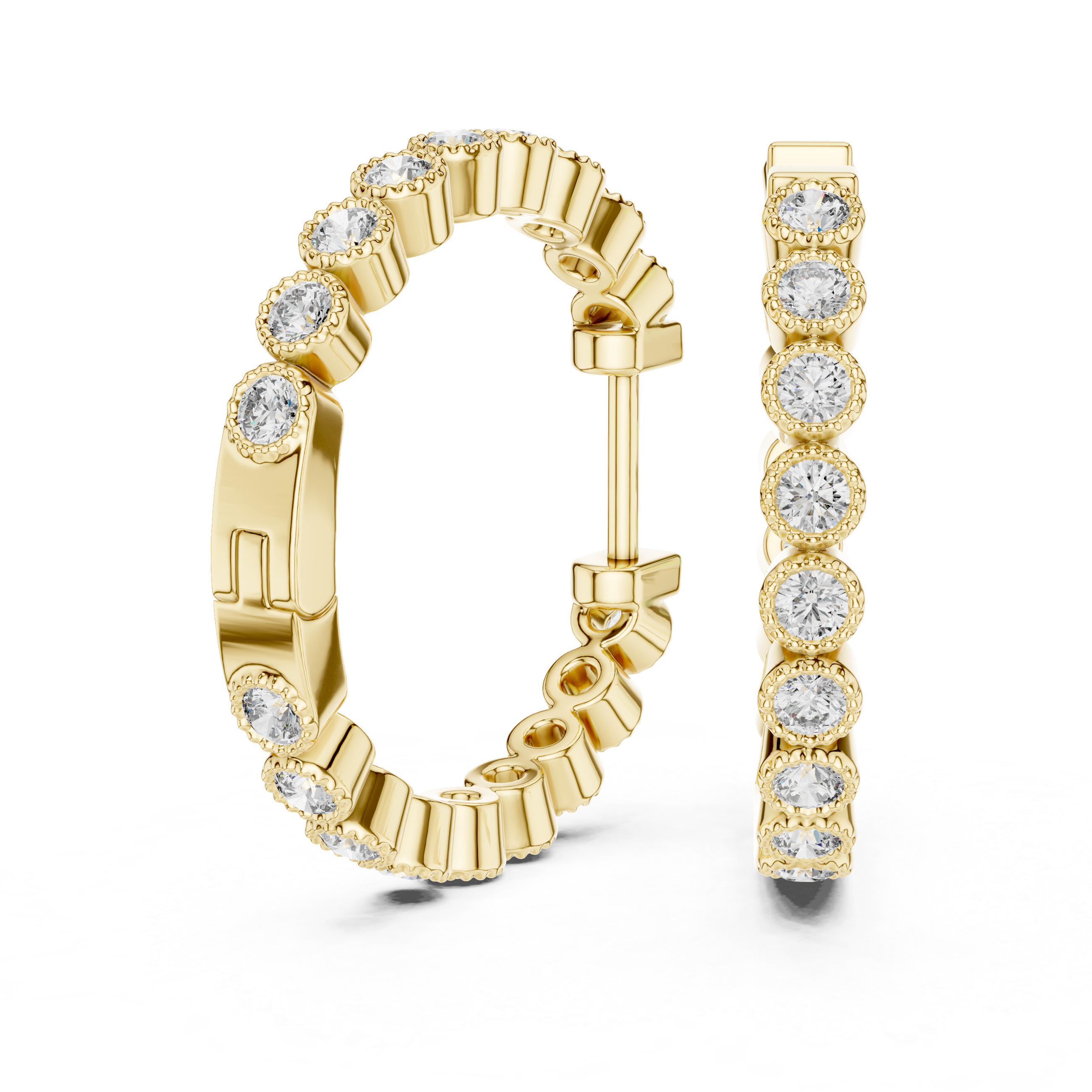 Gold hoop earrings with diamond accents on a white background
