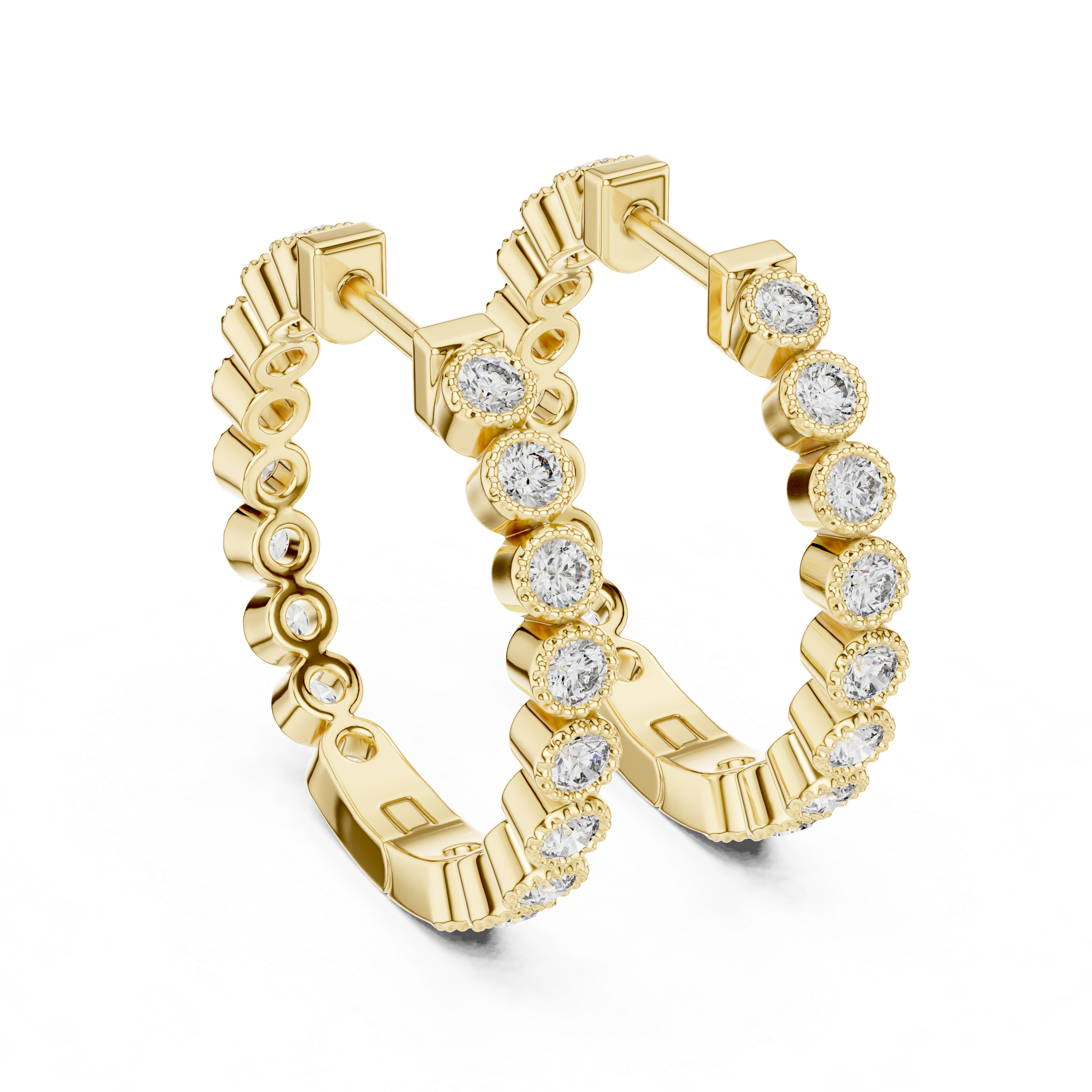 Gold hoop earrings with embedded diamonds on a white background
