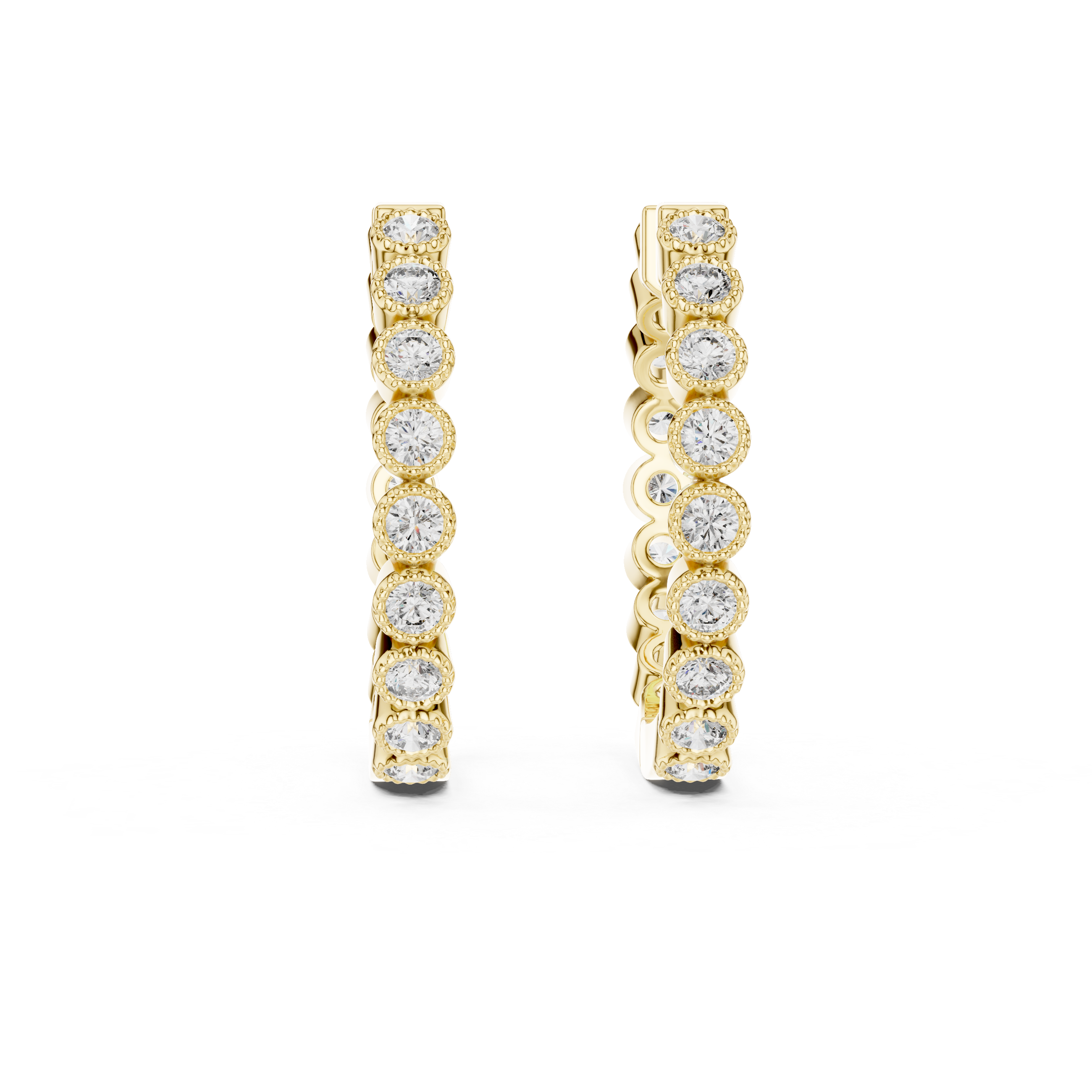 Gold earrings with diamond accents on a white background